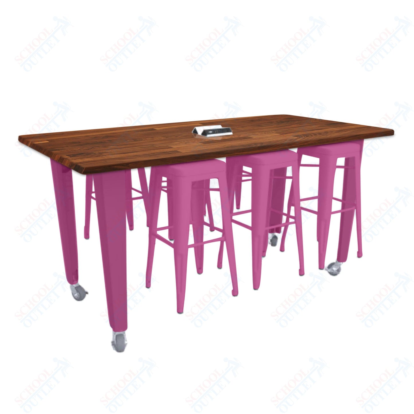 CEF IDEA Island Table 34" Height w/ 6-Seat - ADA Compliant - Butcher Block Top 84"W x 48"D with Steel Frame, 6 Stools and a Pop-up Dual Dock Electrical Station