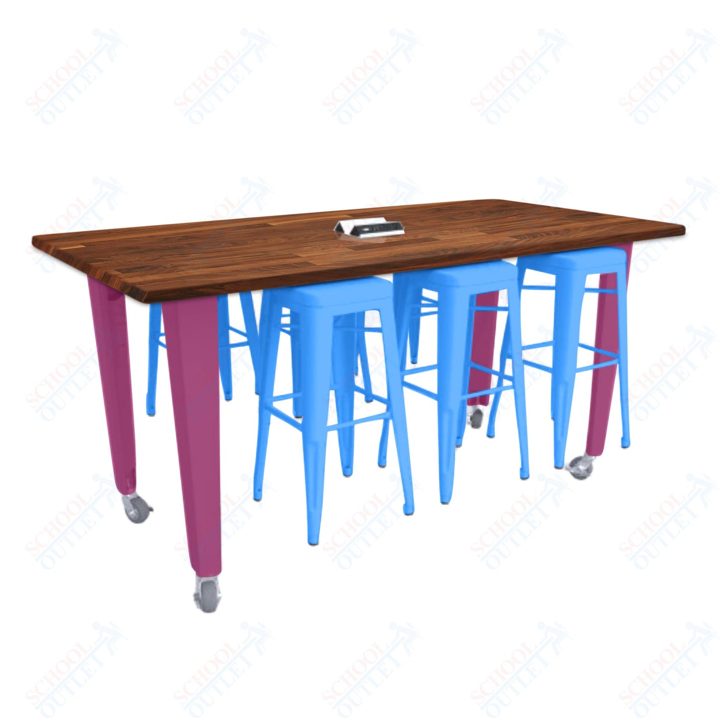 CEF IDEA Island Table 34" Height w/ 6-Seat - ADA Compliant - Butcher Block Top 84"W x 48"D with Steel Frame, 6 Stools and a Pop-up Dual Dock Electrical Station