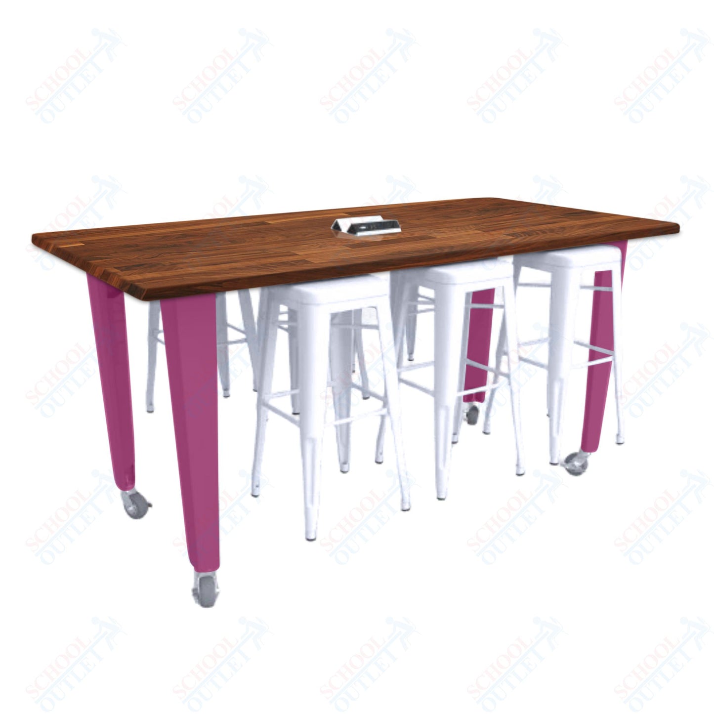 CEF IDEA Island Table 34" Height w/ 6-Seat - ADA Compliant - Butcher Block Top 84"W x 48"D with Steel Frame, 6 Stools and a Pop-up Dual Dock Electrical Station
