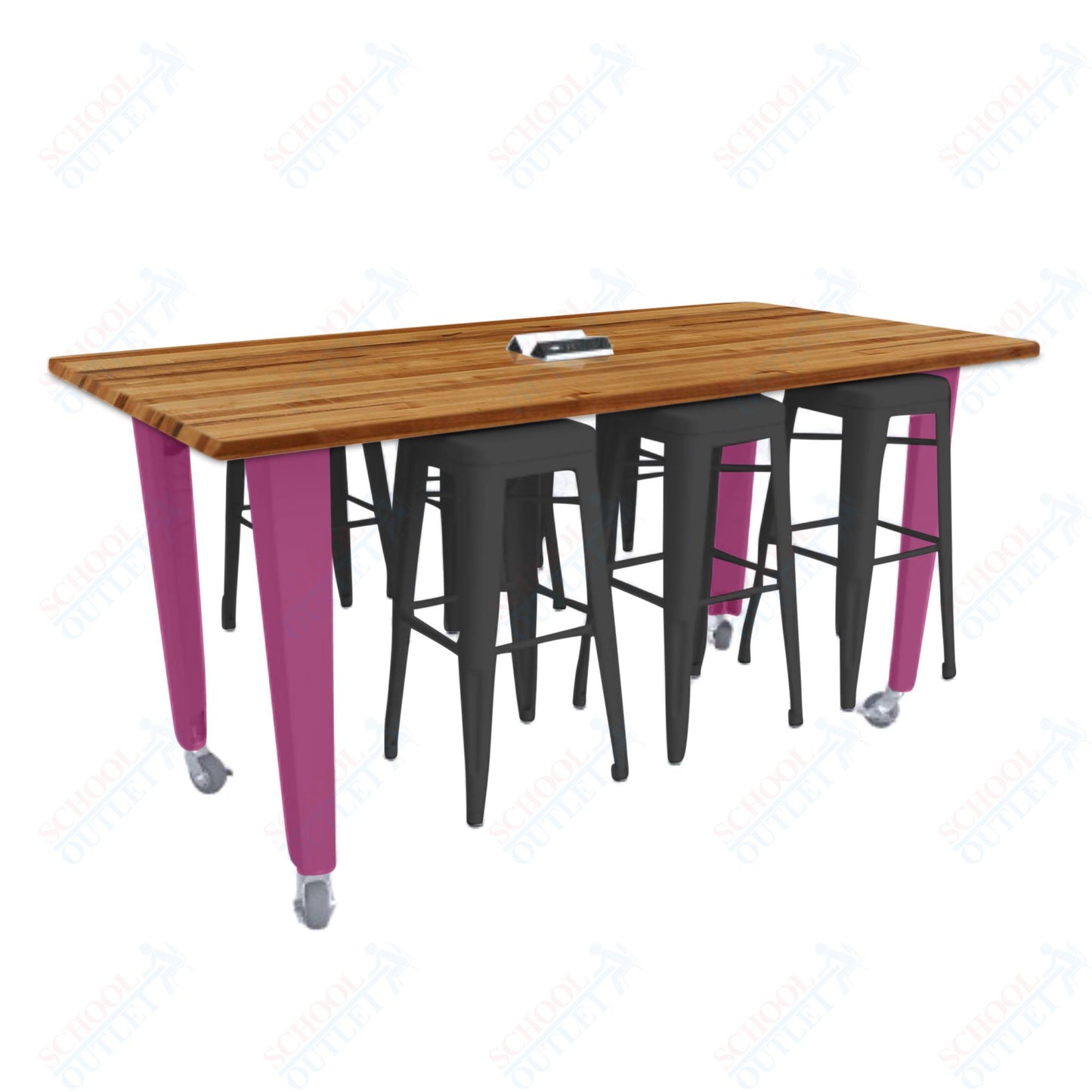 CEF IDEA Island Table 34" Height w/ 6-Seat - ADA Compliant - Butcher Block Top 84"W x 48"D with Steel Frame, 6 Stools and a Pop-up Dual Dock Electrical Station