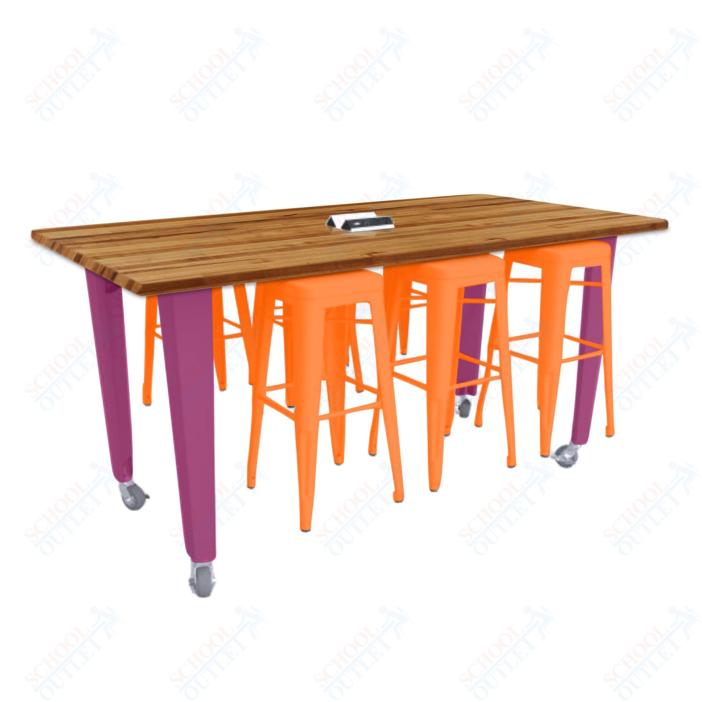 CEF IDEA Island Table 34" Height w/ 6-Seat - ADA Compliant - Butcher Block Top 84"W x 48"D with Steel Frame, 6 Stools and a Pop-up Dual Dock Electrical Station