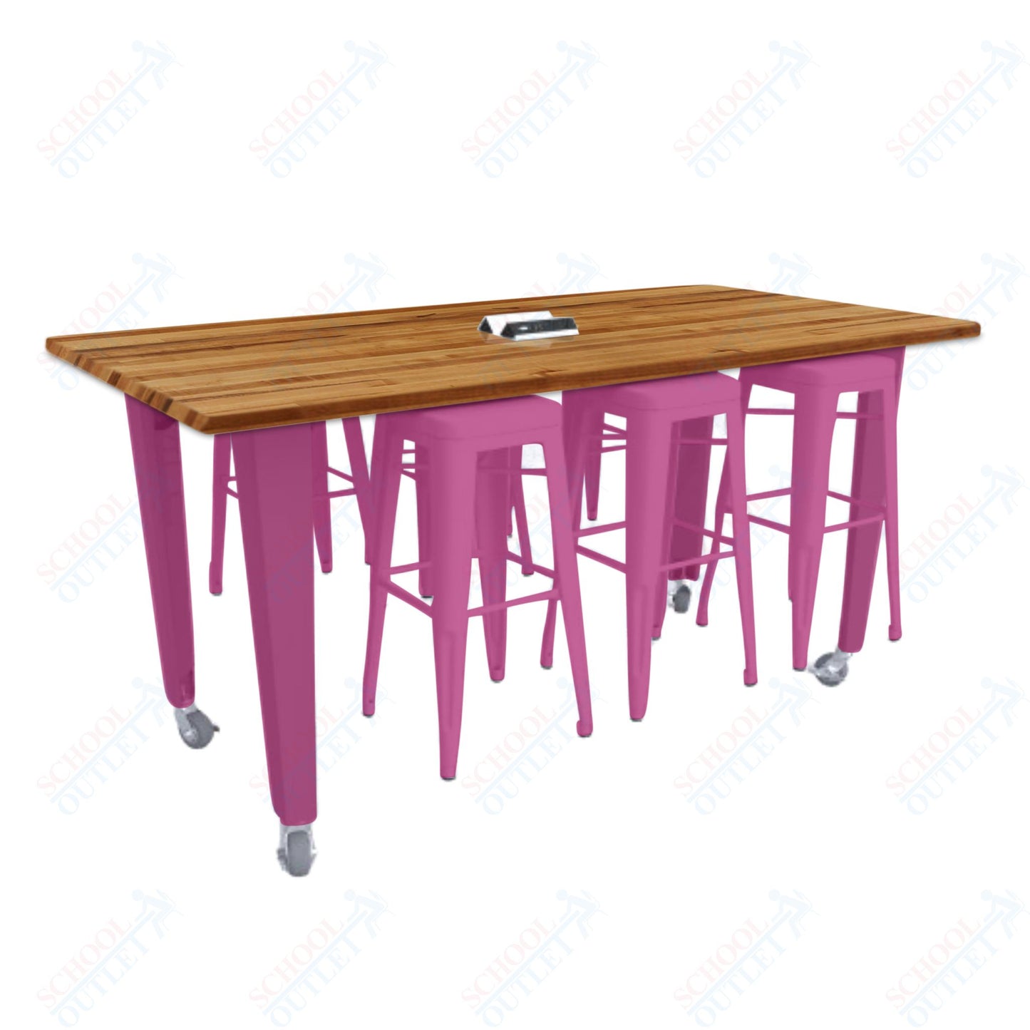CEF IDEA Island Table 34" Height w/ 6-Seat - ADA Compliant - Butcher Block Top 84"W x 48"D with Steel Frame, 6 Stools and a Pop-up Dual Dock Electrical Station