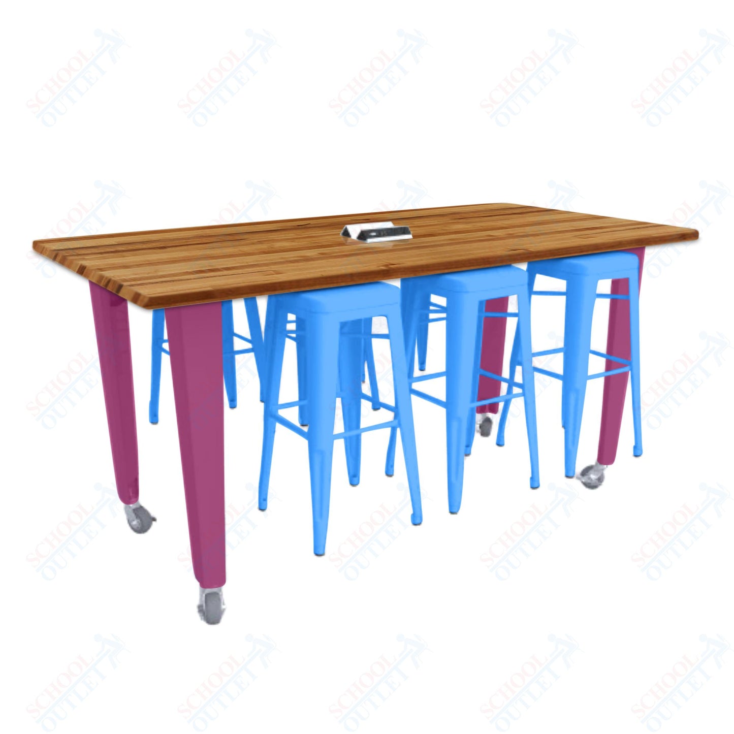 CEF IDEA Island Table 34" Height w/ 6-Seat - ADA Compliant - Butcher Block Top 84"W x 48"D with Steel Frame, 6 Stools and a Pop-up Dual Dock Electrical Station