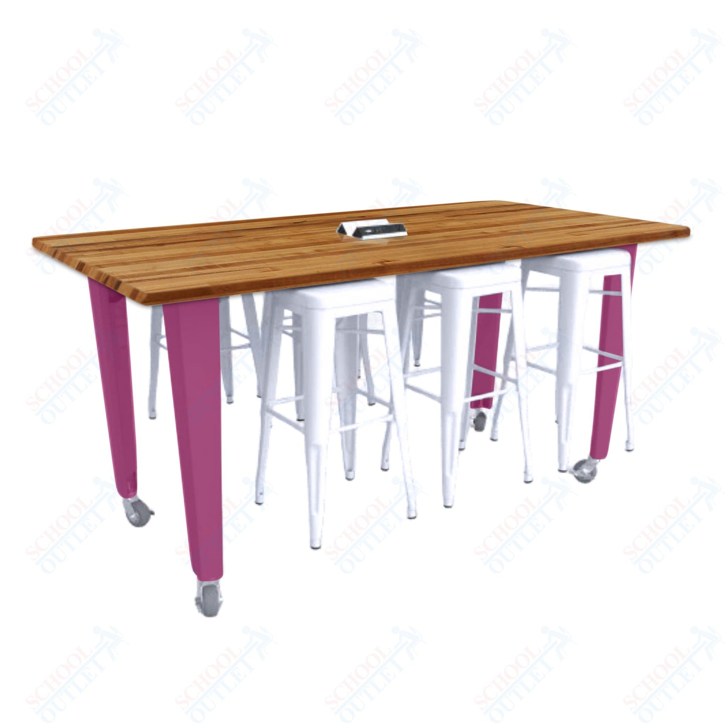 CEF IDEA Island Table 34" Height w/ 6-Seat - ADA Compliant - Butcher Block Top 84"W x 48"D with Steel Frame, 6 Stools and a Pop-up Dual Dock Electrical Station