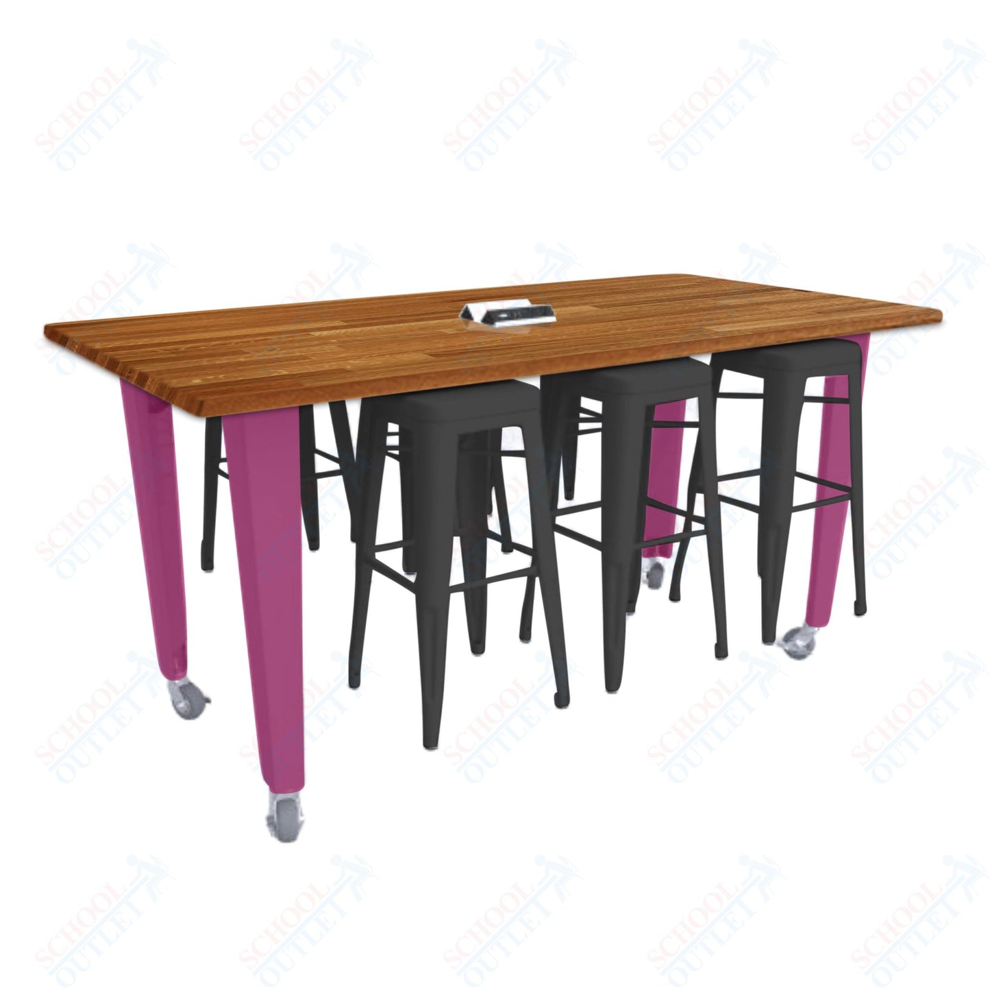 CEF IDEA Island Table 34" Height w/ 6-Seat - ADA Compliant - Butcher Block Top 84"W x 48"D with Steel Frame, 6 Stools and a Pop-up Dual Dock Electrical Station