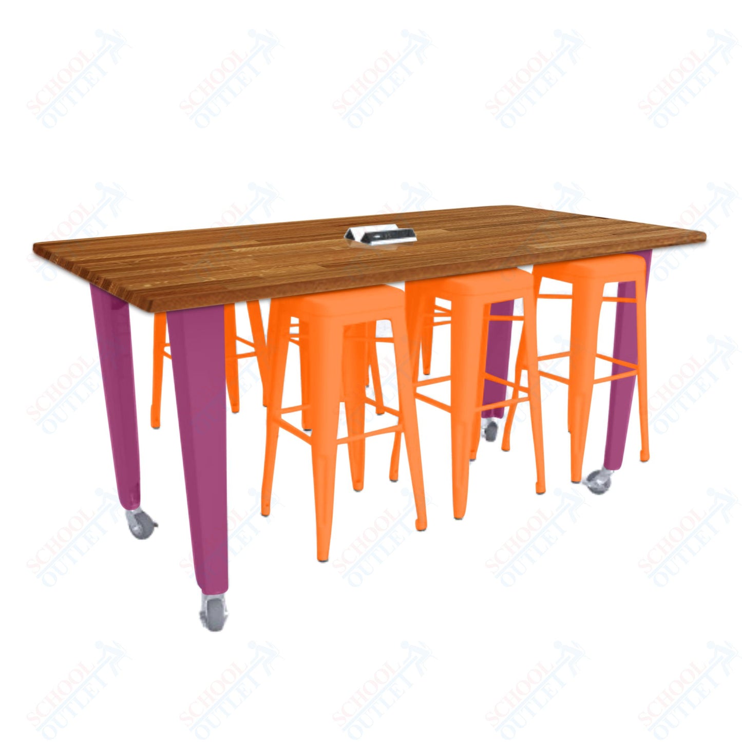 CEF IDEA Island Table 34" Height w/ 6-Seat - ADA Compliant - Butcher Block Top 84"W x 48"D with Steel Frame, 6 Stools and a Pop-up Dual Dock Electrical Station