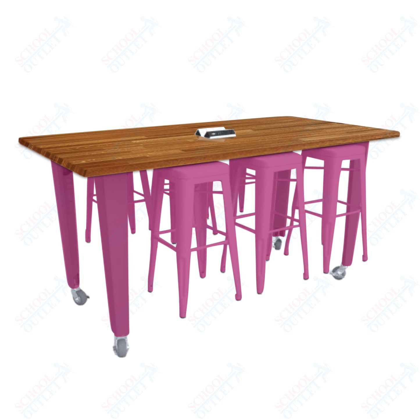 CEF IDEA Island Table 34" Height w/ 6-Seat - ADA Compliant - Butcher Block Top 84"W x 48"D with Steel Frame, 6 Stools and a Pop-up Dual Dock Electrical Station