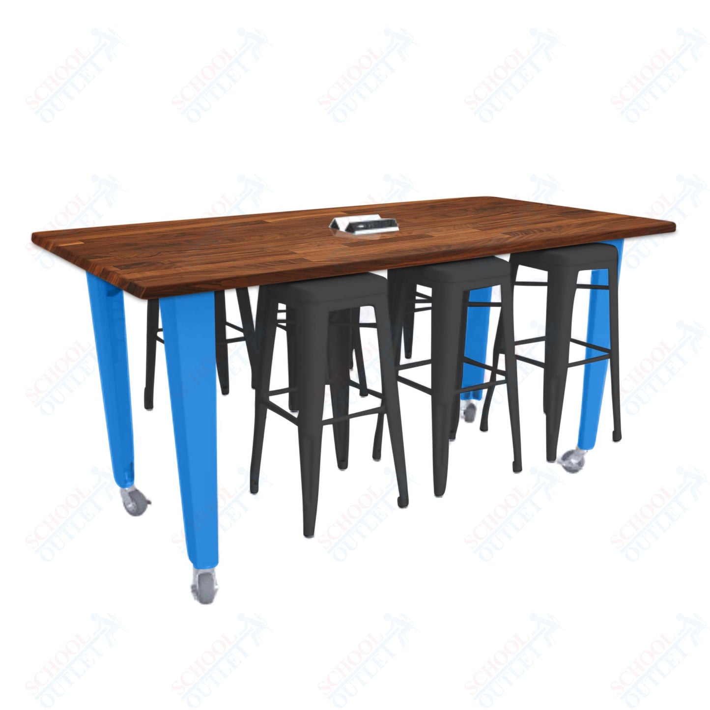 CEF IDEA Island Table 34" Height w/ 6-Seat - ADA Compliant - Butcher Block Top 84"W x 48"D with Steel Frame, 6 Stools and a Pop-up Dual Dock Electrical Station