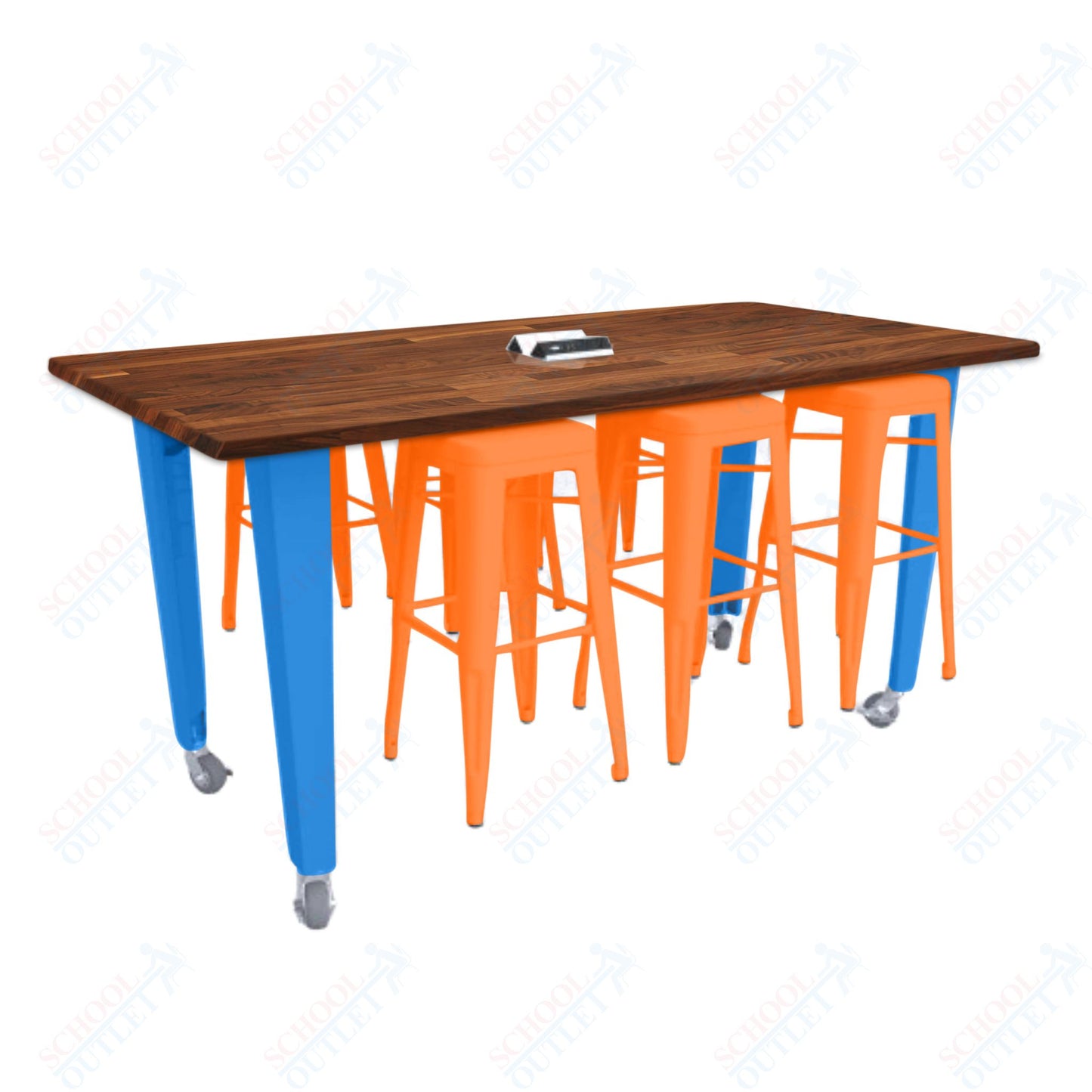 CEF IDEA Island Table 34" Height w/ 6-Seat - ADA Compliant - Butcher Block Top 84"W x 48"D with Steel Frame, 6 Stools and a Pop-up Dual Dock Electrical Station