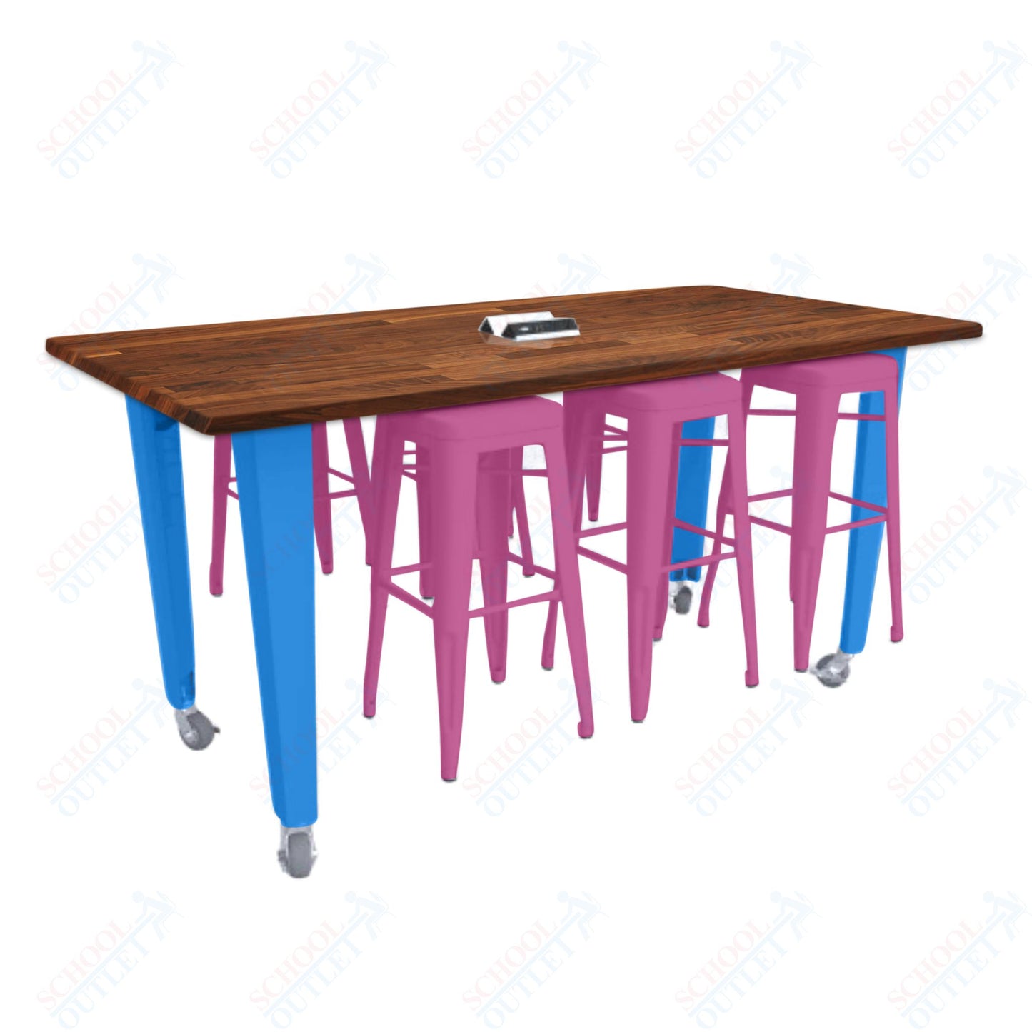 CEF IDEA Island Table 34" Height w/ 6-Seat - ADA Compliant - Butcher Block Top 84"W x 48"D with Steel Frame, 6 Stools and a Pop-up Dual Dock Electrical Station