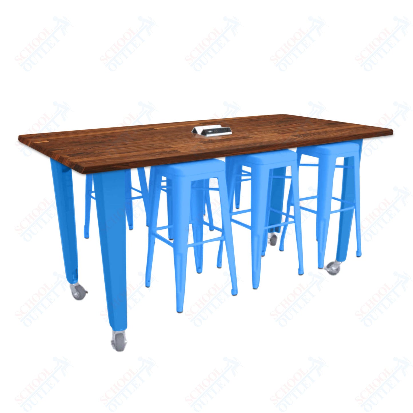 CEF IDEA Island Table 34" Height w/ 6-Seat - ADA Compliant - Butcher Block Top 84"W x 48"D with Steel Frame, 6 Stools and a Pop-up Dual Dock Electrical Station