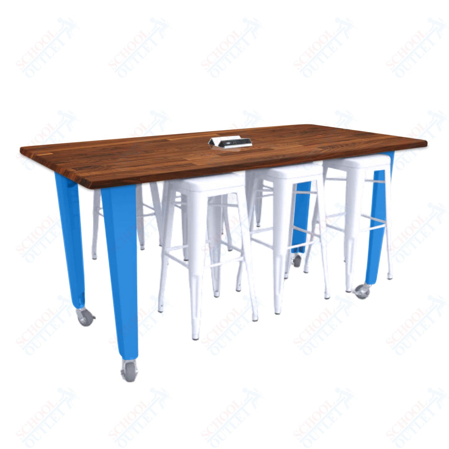 CEF IDEA Island Table 34" Height w/ 6-Seat - ADA Compliant - Butcher Block Top 84"W x 48"D with Steel Frame, 6 Stools and a Pop-up Dual Dock Electrical Station