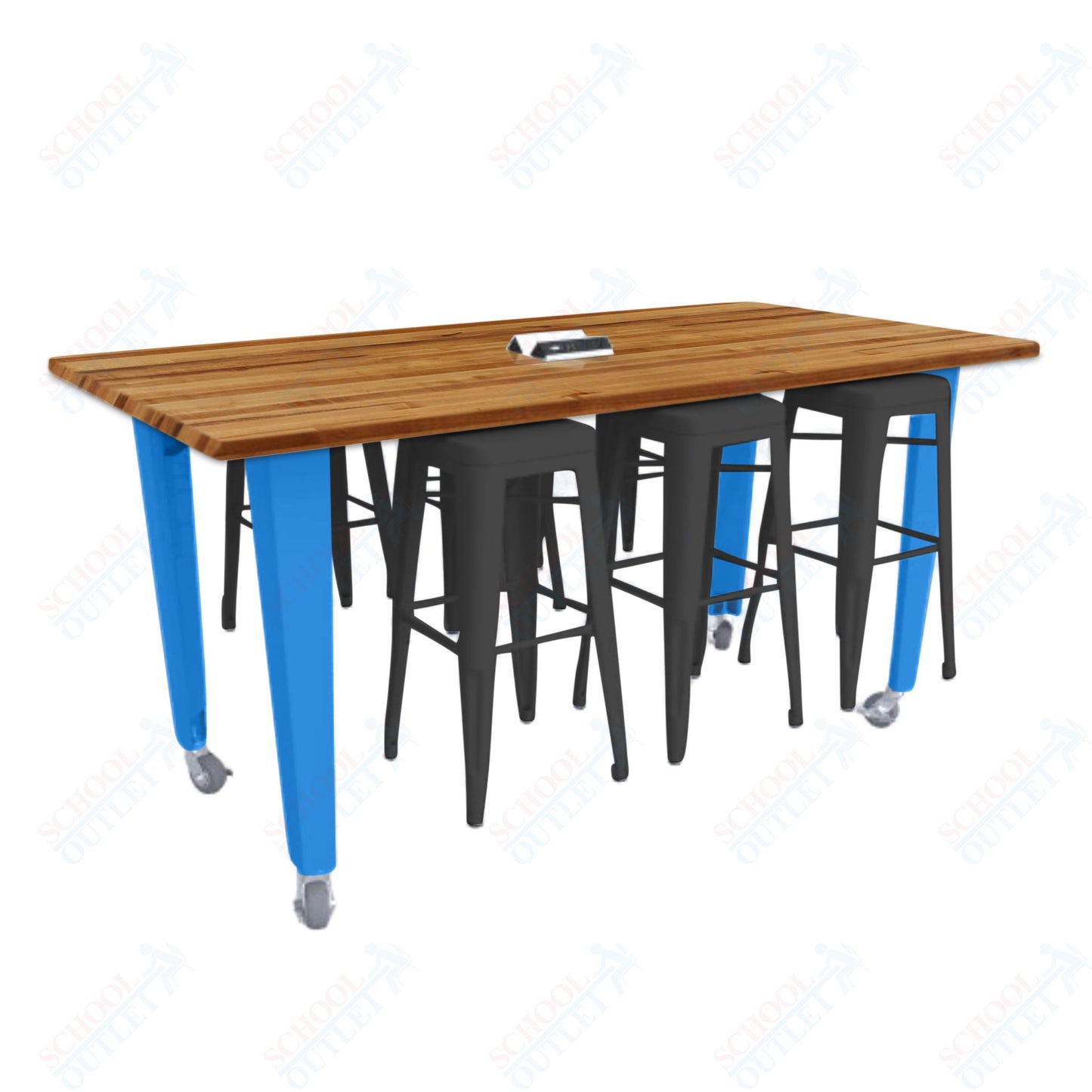CEF IDEA Island Table 34" Height w/ 6-Seat - ADA Compliant - Butcher Block Top 84"W x 48"D with Steel Frame, 6 Stools and a Pop-up Dual Dock Electrical Station