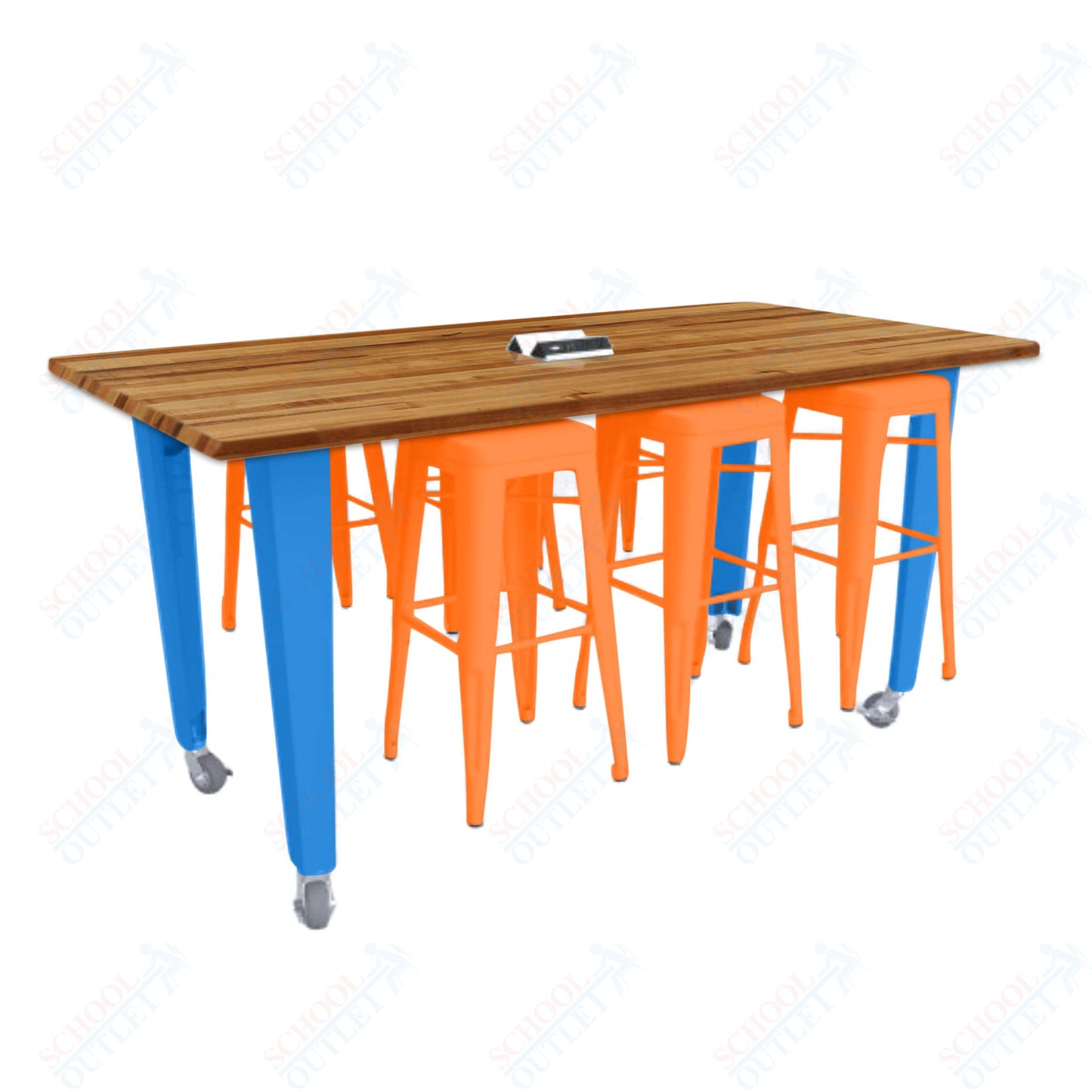 CEF IDEA Island Table 34" Height w/ 6-Seat - ADA Compliant - Butcher Block Top 84"W x 48"D with Steel Frame, 6 Stools and a Pop-up Dual Dock Electrical Station