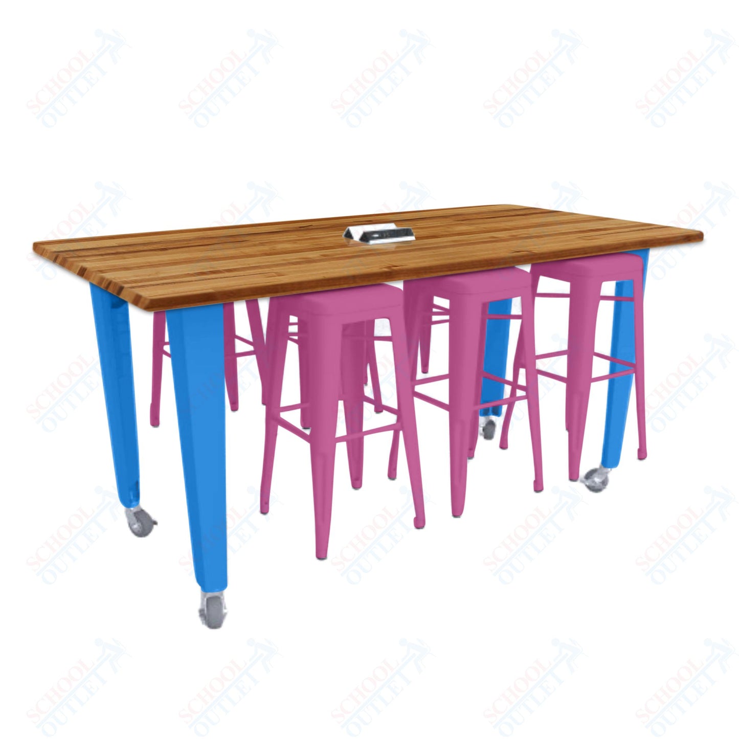 CEF IDEA Island Table 34" Height w/ 6-Seat - ADA Compliant - Butcher Block Top 84"W x 48"D with Steel Frame, 6 Stools and a Pop-up Dual Dock Electrical Station