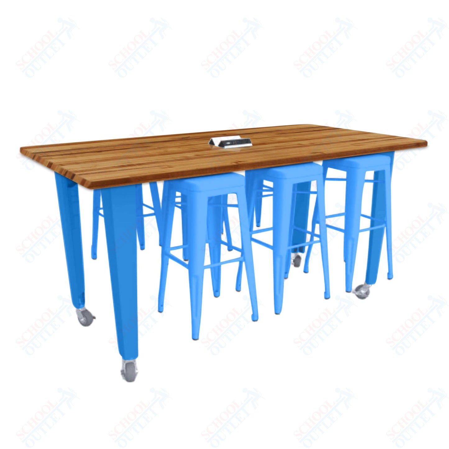 CEF IDEA Island Table 34" Height w/ 6-Seat - ADA Compliant - Butcher Block Top 84"W x 48"D with Steel Frame, 6 Stools and a Pop-up Dual Dock Electrical Station