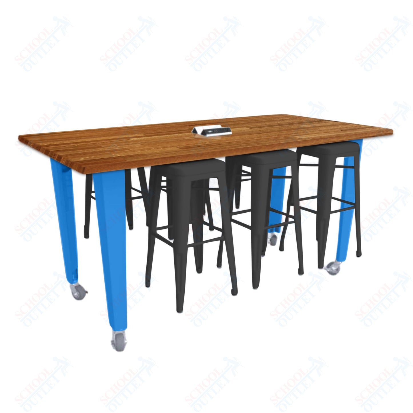 CEF IDEA Island Table 34" Height w/ 6-Seat - ADA Compliant - Butcher Block Top 84"W x 48"D with Steel Frame, 6 Stools and a Pop-up Dual Dock Electrical Station
