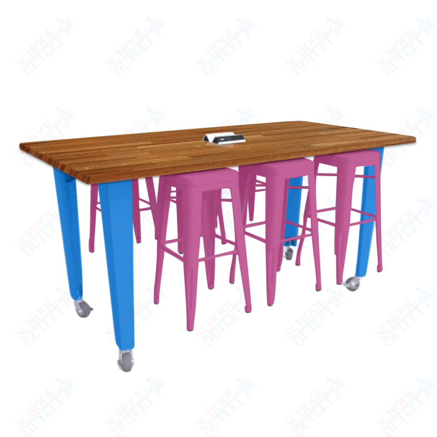 CEF IDEA Island Table 34" Height w/ 6-Seat - ADA Compliant - Butcher Block Top 84"W x 48"D with Steel Frame, 6 Stools and a Pop-up Dual Dock Electrical Station