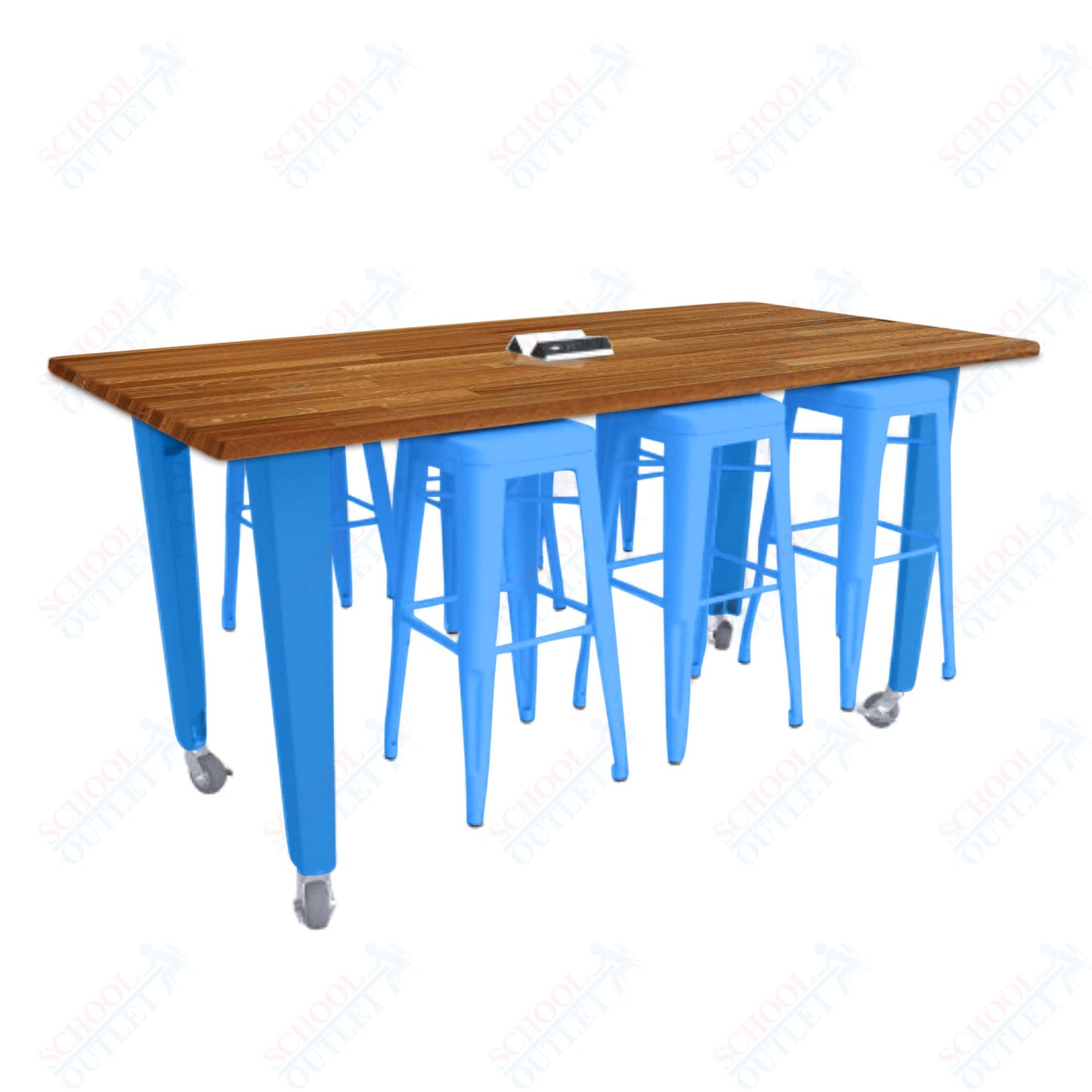 CEF IDEA Island Table 34" Height w/ 6-Seat - ADA Compliant - Butcher Block Top 84"W x 48"D with Steel Frame, 6 Stools and a Pop-up Dual Dock Electrical Station