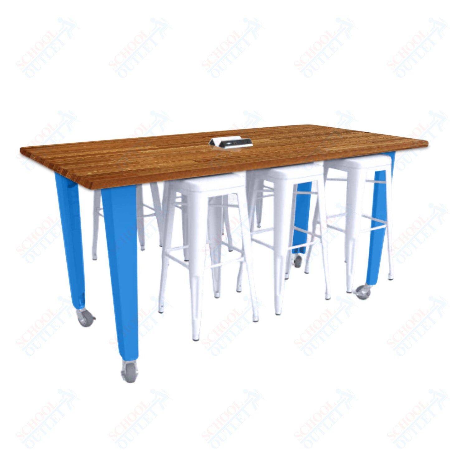 CEF IDEA Island Table 34" Height w/ 6-Seat - ADA Compliant - Butcher Block Top 84"W x 48"D with Steel Frame, 6 Stools and a Pop-up Dual Dock Electrical Station
