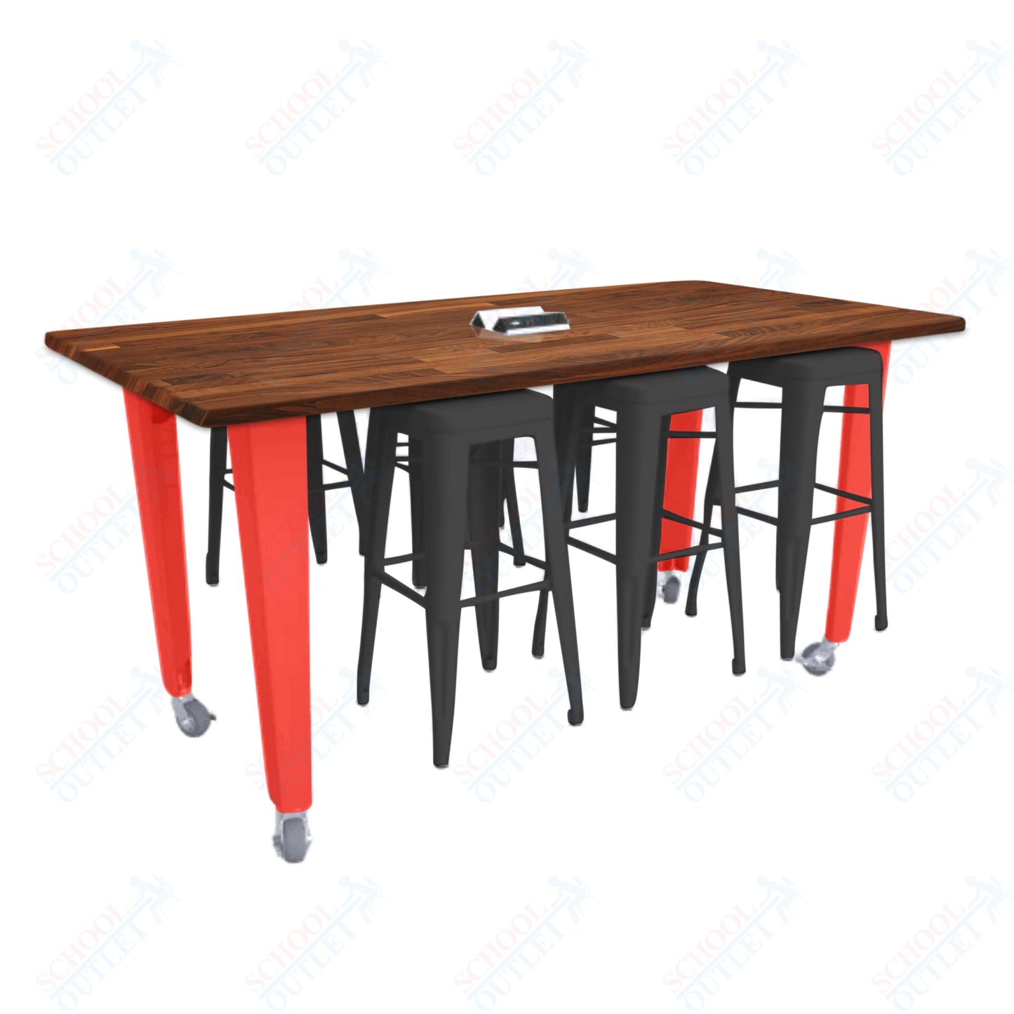 CEF IDEA Island Table 34" Height w/ 6-Seat - ADA Compliant - Butcher Block Top 84"W x 48"D with Steel Frame, 6 Stools and a Pop-up Dual Dock Electrical Station