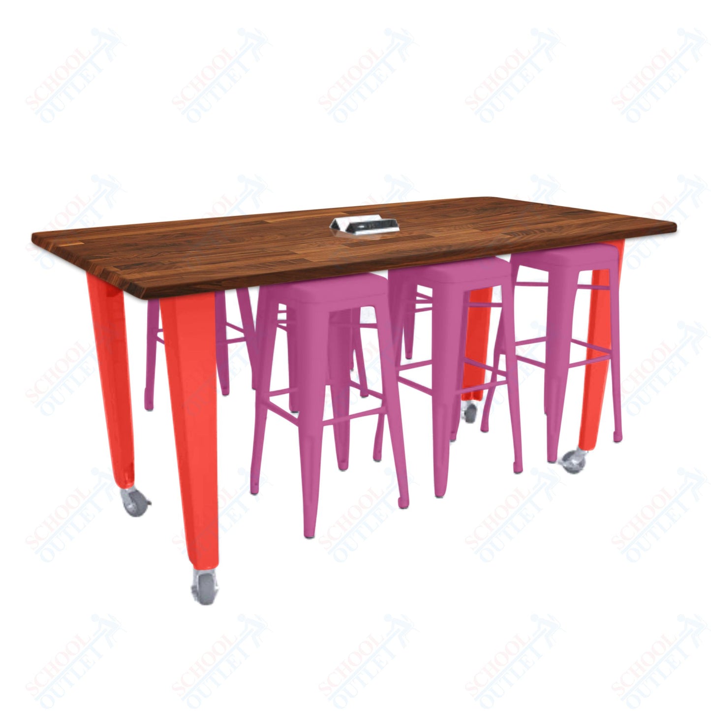 CEF IDEA Island Table 34" Height w/ 6-Seat - ADA Compliant - Butcher Block Top 84"W x 48"D with Steel Frame, 6 Stools and a Pop-up Dual Dock Electrical Station