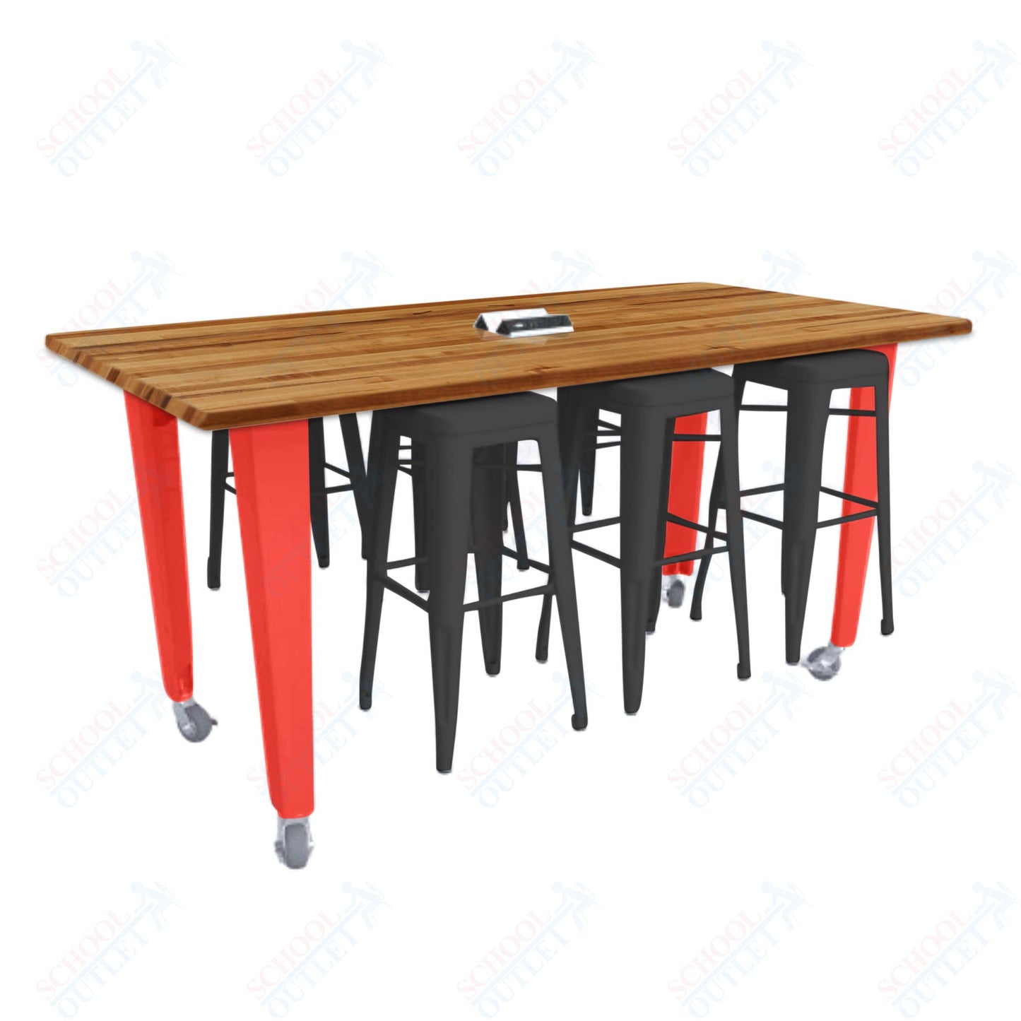 CEF IDEA Island Table 34" Height w/ 6-Seat - ADA Compliant - Butcher Block Top 84"W x 48"D with Steel Frame, 6 Stools and a Pop-up Dual Dock Electrical Station