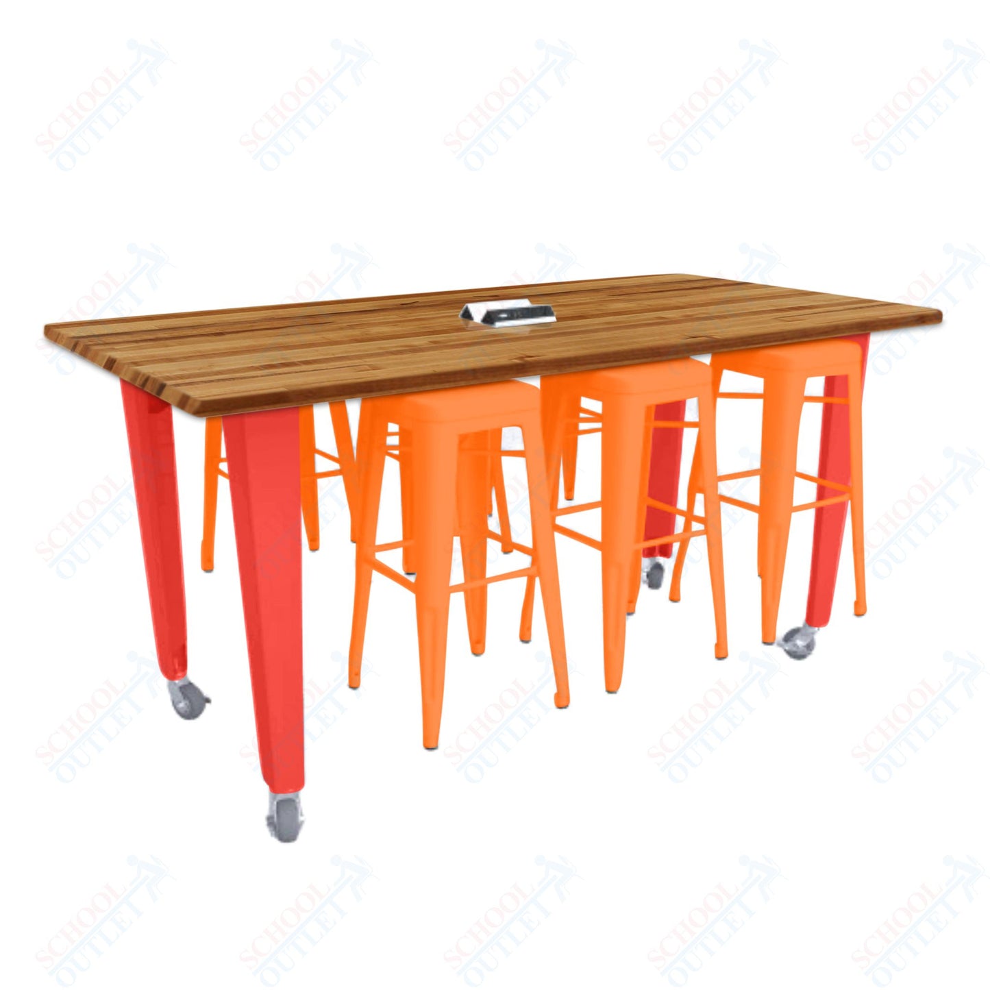 CEF IDEA Island Table 34" Height w/ 6-Seat - ADA Compliant - Butcher Block Top 84"W x 48"D with Steel Frame, 6 Stools and a Pop-up Dual Dock Electrical Station
