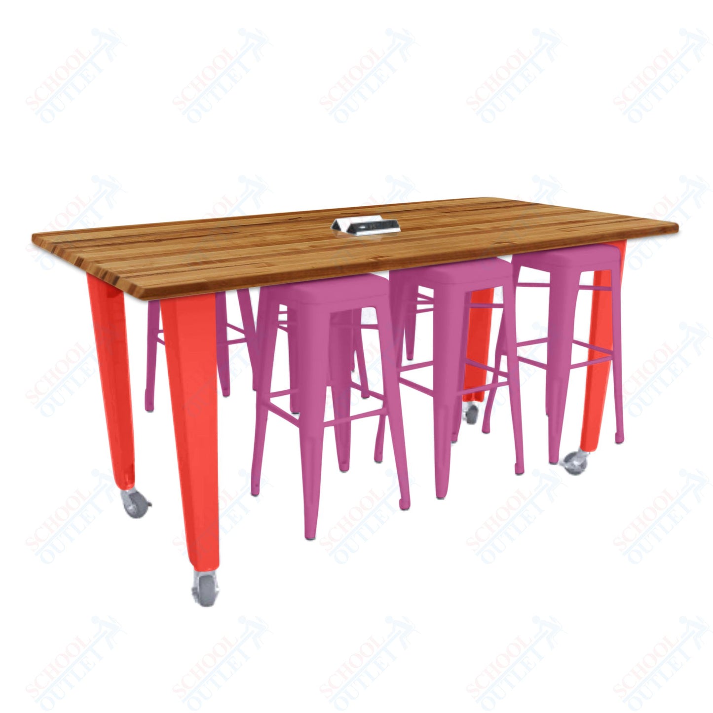 CEF IDEA Island Table 34" Height w/ 6-Seat - ADA Compliant - Butcher Block Top 84"W x 48"D with Steel Frame, 6 Stools and a Pop-up Dual Dock Electrical Station