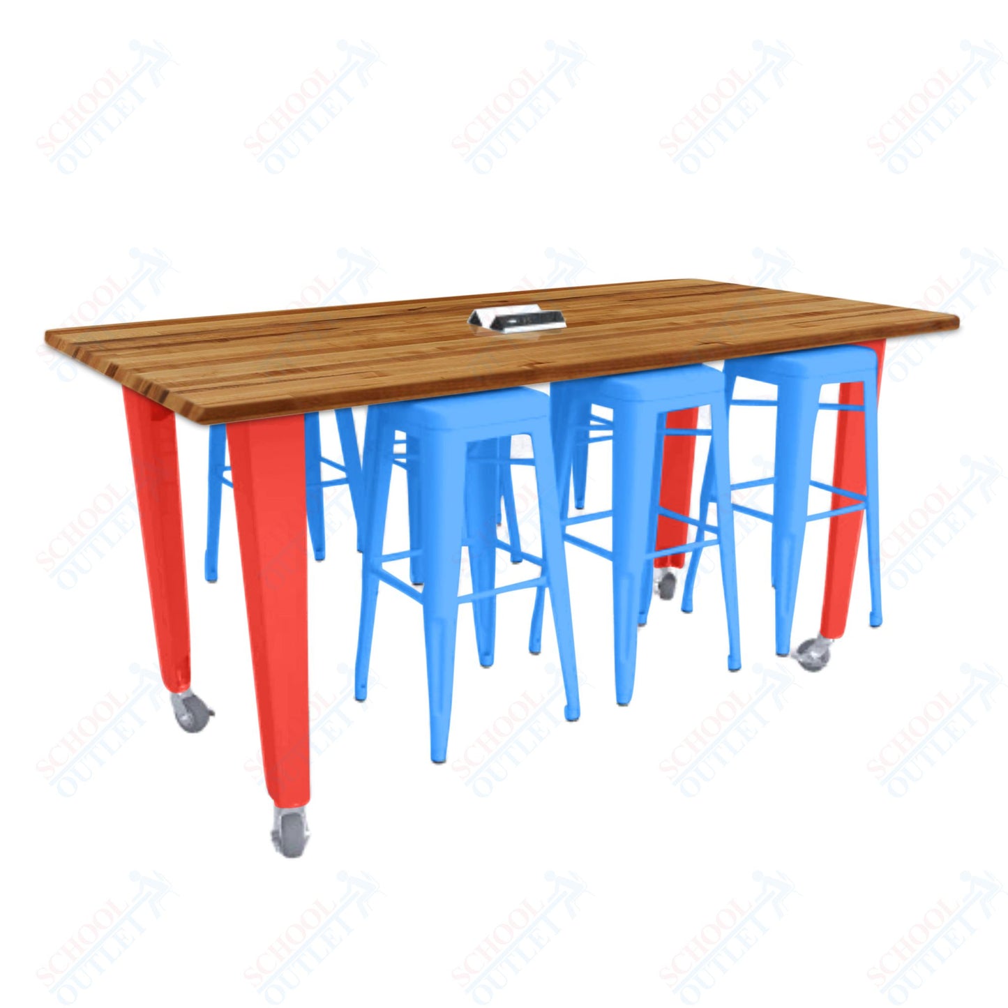 CEF IDEA Island Table 34" Height w/ 6-Seat - ADA Compliant - Butcher Block Top 84"W x 48"D with Steel Frame, 6 Stools and a Pop-up Dual Dock Electrical Station