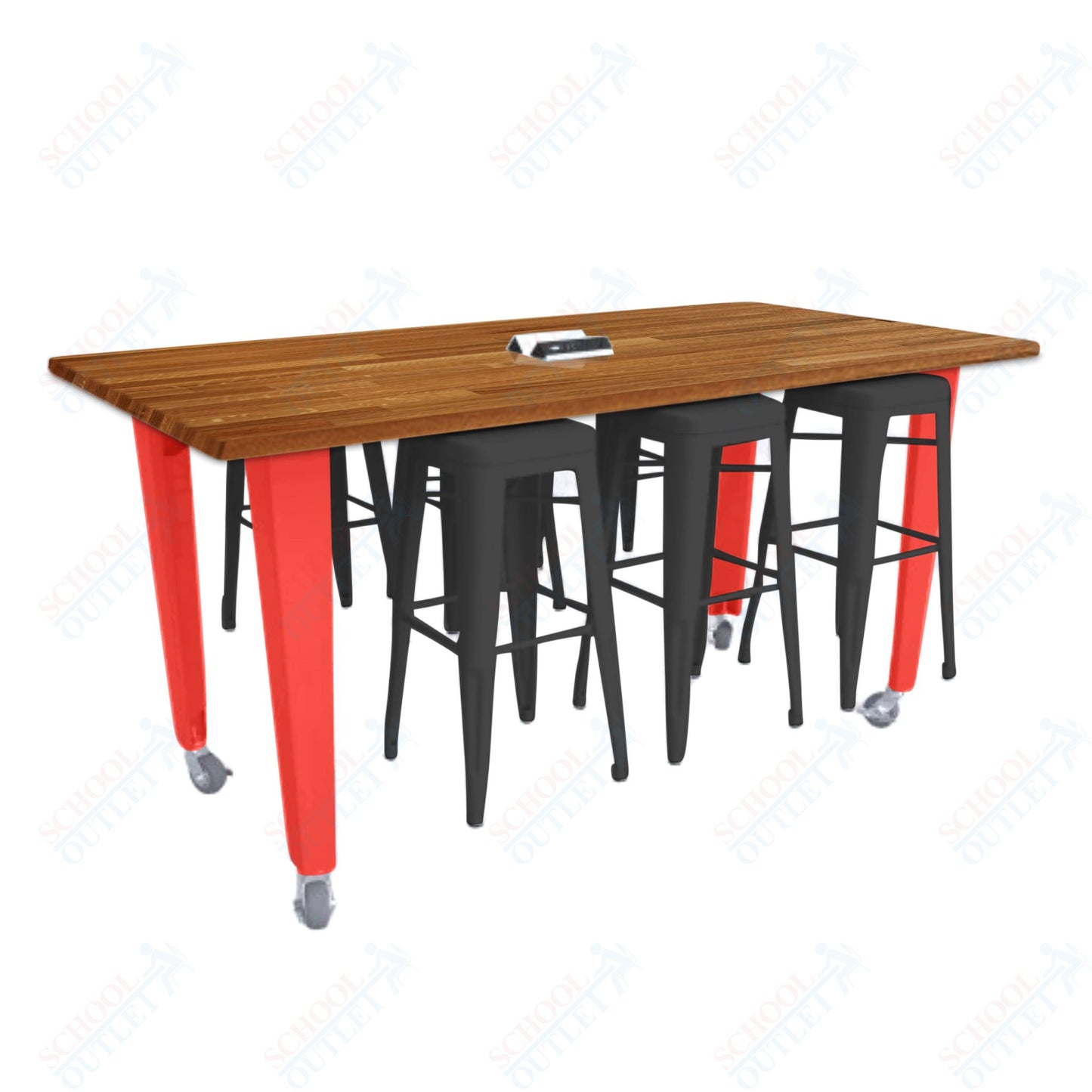 CEF IDEA Island Table 34" Height w/ 6-Seat - ADA Compliant - Butcher Block Top 84"W x 48"D with Steel Frame, 6 Stools and a Pop-up Dual Dock Electrical Station