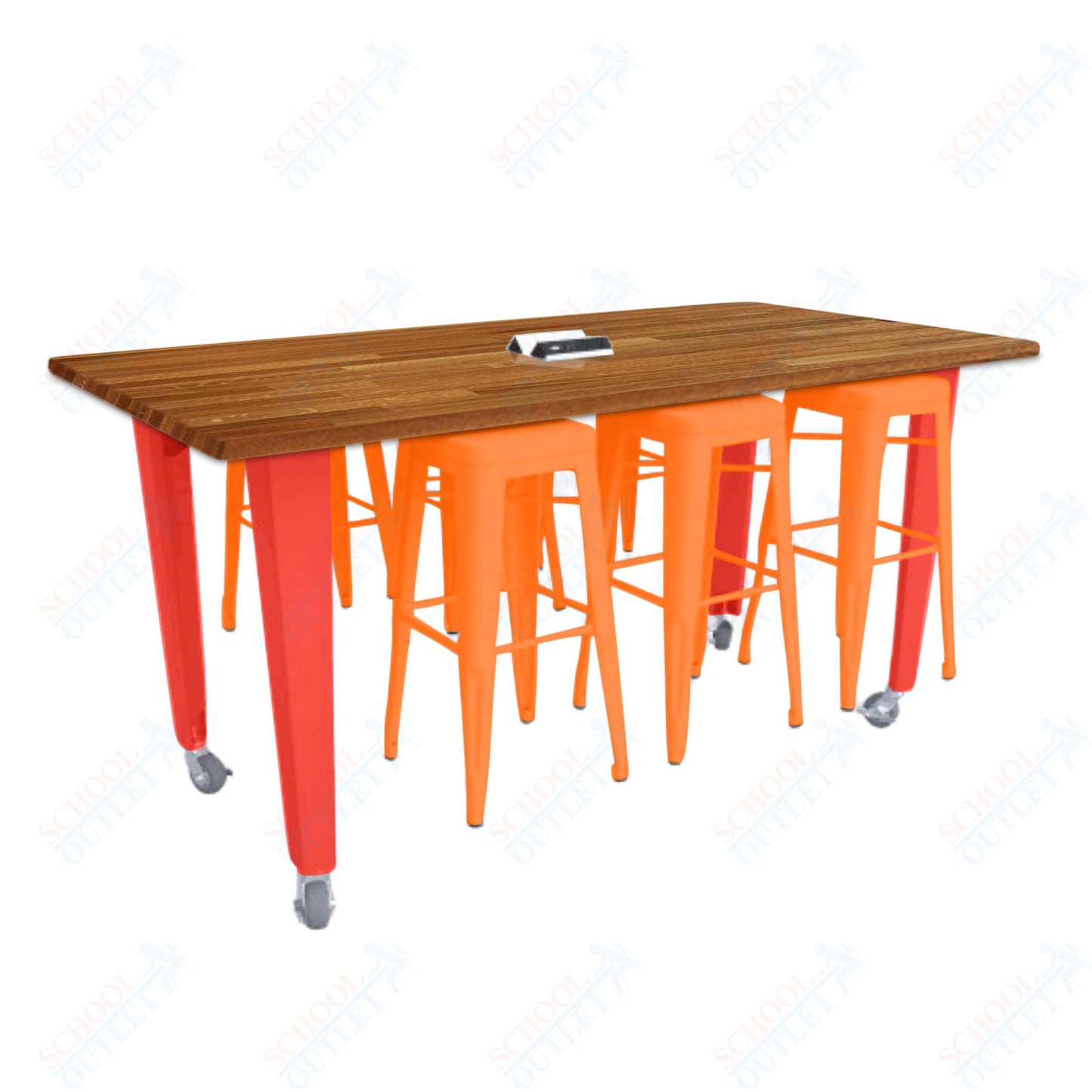 CEF IDEA Island Table 34" Height w/ 6-Seat - ADA Compliant - Butcher Block Top 84"W x 48"D with Steel Frame, 6 Stools and a Pop-up Dual Dock Electrical Station