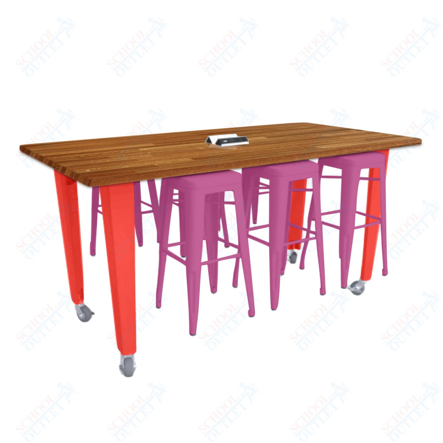 CEF IDEA Island Table 34" Height w/ 6-Seat - ADA Compliant - Butcher Block Top 84"W x 48"D with Steel Frame, 6 Stools and a Pop-up Dual Dock Electrical Station
