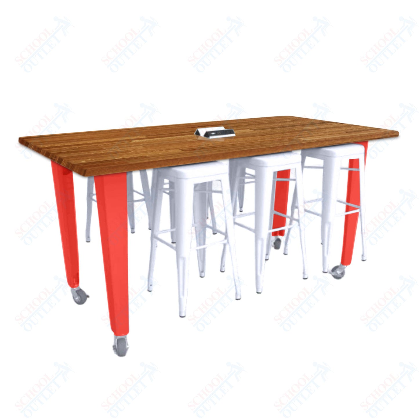 CEF IDEA Island Table 34" Height w/ 6-Seat - ADA Compliant - Butcher Block Top 84"W x 48"D with Steel Frame, 6 Stools and a Pop-up Dual Dock Electrical Station
