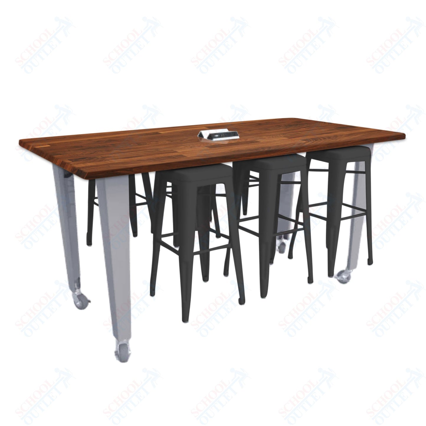 CEF IDEA Island Table 34" Height w/ 6-Seat - ADA Compliant - Butcher Block Top 84"W x 48"D with Steel Frame, 6 Stools and a Pop-up Dual Dock Electrical Station