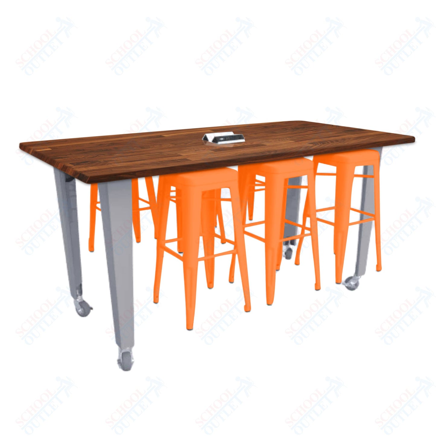 CEF IDEA Island Table 34" Height w/ 6-Seat - ADA Compliant - Butcher Block Top 84"W x 48"D with Steel Frame, 6 Stools and a Pop-up Dual Dock Electrical Station