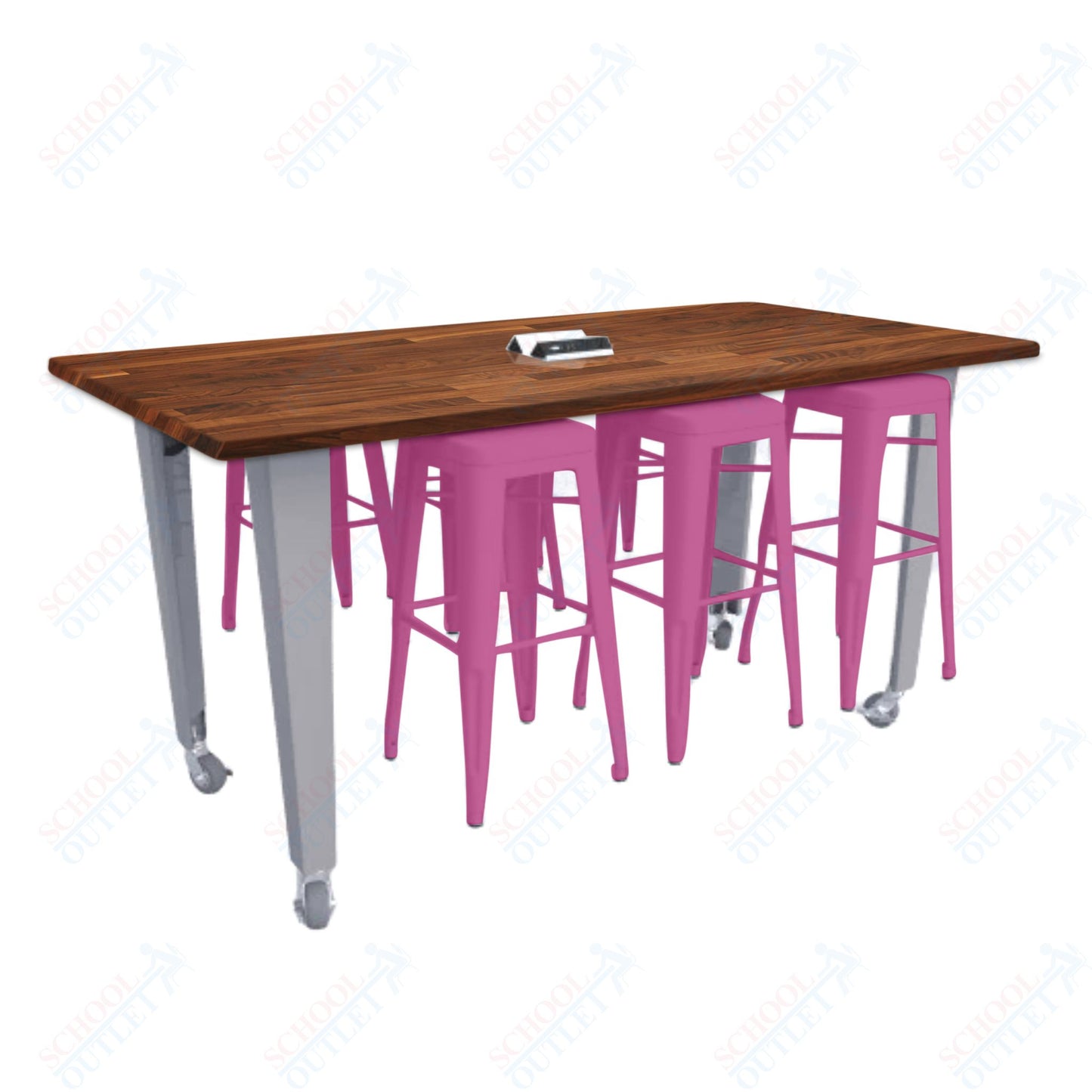 CEF IDEA Island Table 34" Height w/ 6-Seat - ADA Compliant - Butcher Block Top 84"W x 48"D with Steel Frame, 6 Stools and a Pop-up Dual Dock Electrical Station