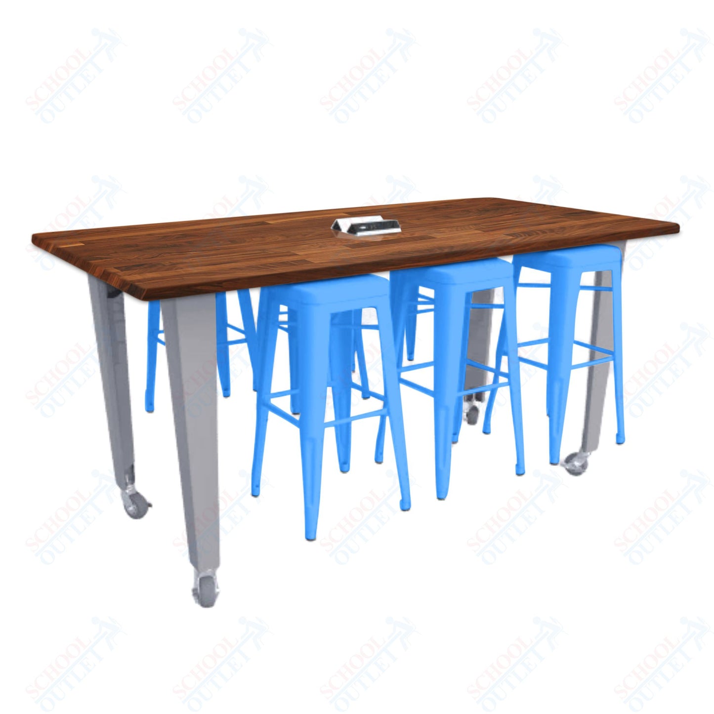 CEF IDEA Island Table 34" Height w/ 6-Seat - ADA Compliant - Butcher Block Top 84"W x 48"D with Steel Frame, 6 Stools and a Pop-up Dual Dock Electrical Station