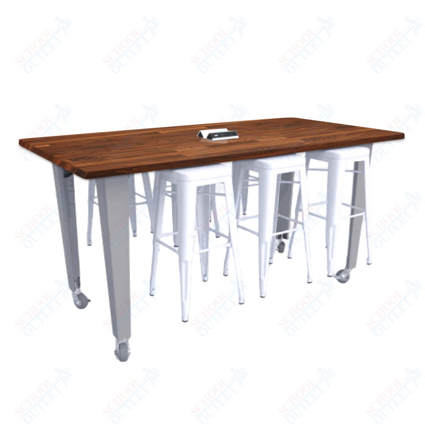 CEF IDEA Island Table 34" Height w/ 6-Seat - ADA Compliant - Butcher Block Top 84"W x 48"D with Steel Frame, 6 Stools and a Pop-up Dual Dock Electrical Station