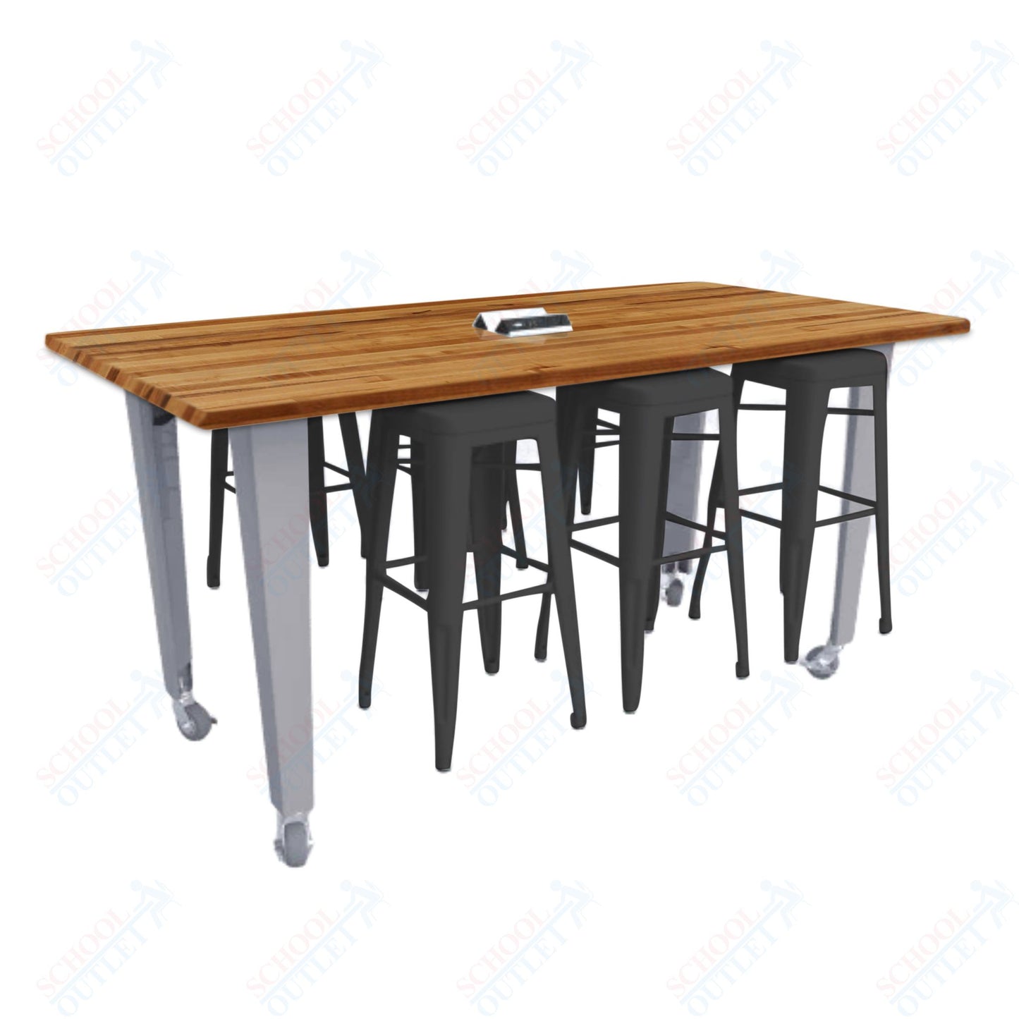 CEF IDEA Island Table 34" Height w/ 6-Seat - ADA Compliant - Butcher Block Top 84"W x 48"D with Steel Frame, 6 Stools and a Pop-up Dual Dock Electrical Station