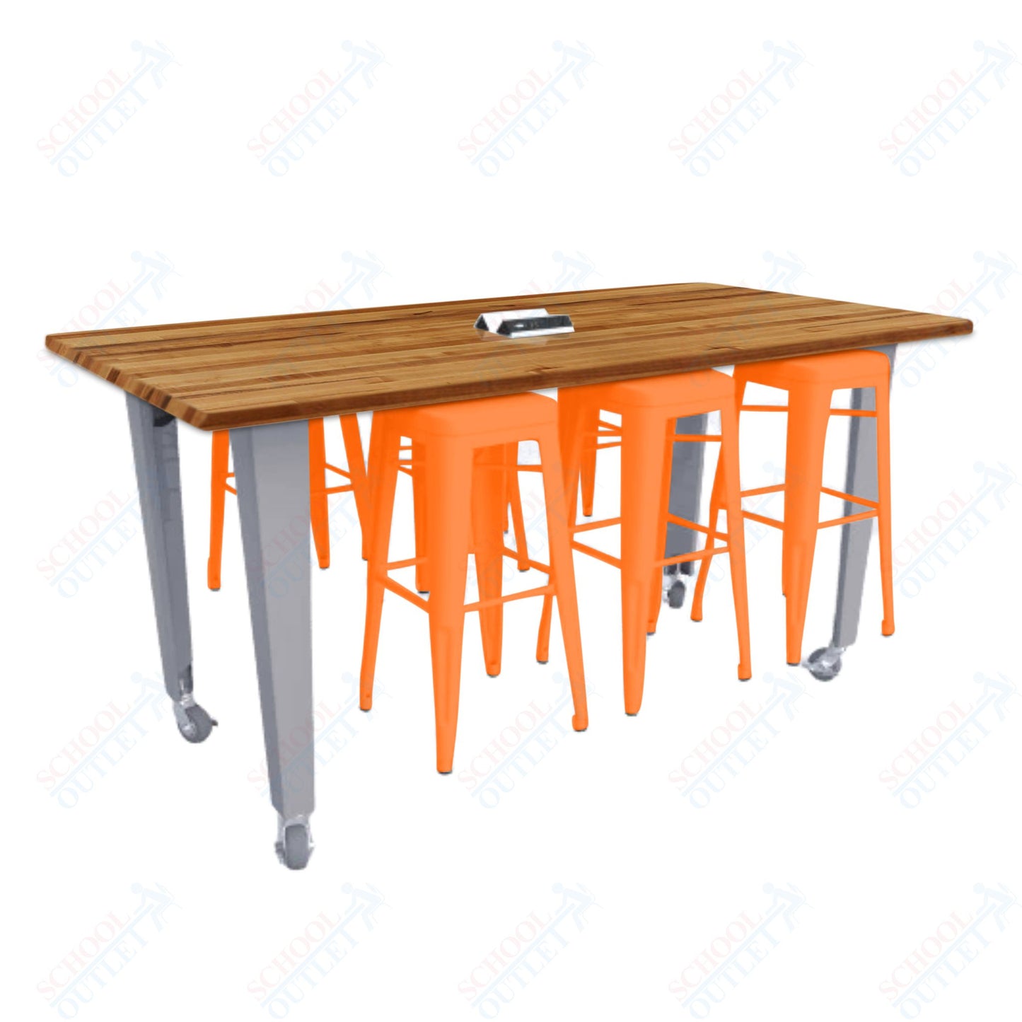 CEF IDEA Island Table 34" Height w/ 6-Seat - ADA Compliant - Butcher Block Top 84"W x 48"D with Steel Frame, 6 Stools and a Pop-up Dual Dock Electrical Station