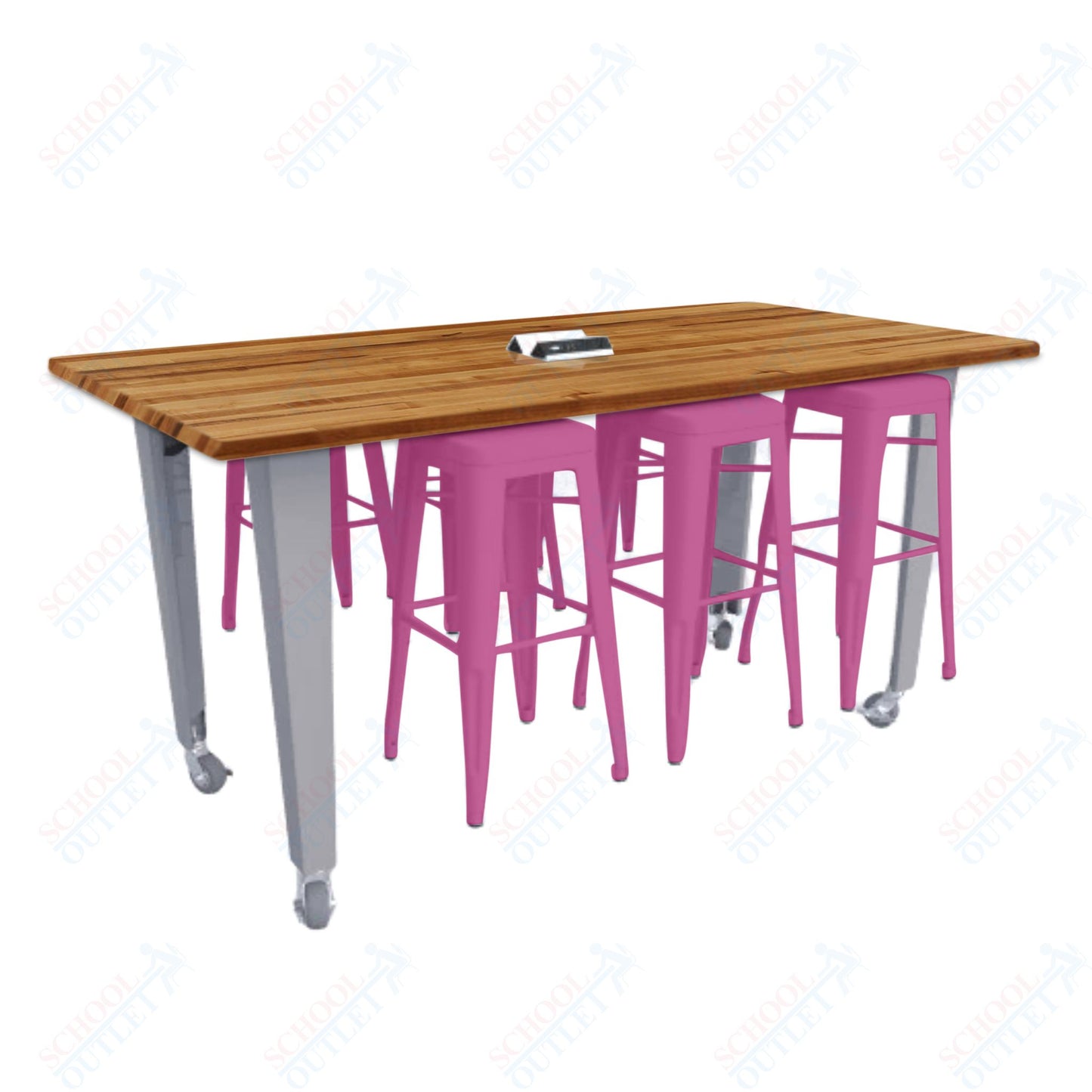 CEF IDEA Island Table 34" Height w/ 6-Seat - ADA Compliant - Butcher Block Top 84"W x 48"D with Steel Frame, 6 Stools and a Pop-up Dual Dock Electrical Station