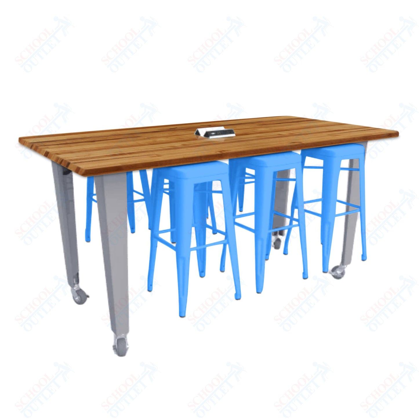 CEF IDEA Island Table 34" Height w/ 6-Seat - ADA Compliant - Butcher Block Top 84"W x 48"D with Steel Frame, 6 Stools and a Pop-up Dual Dock Electrical Station
