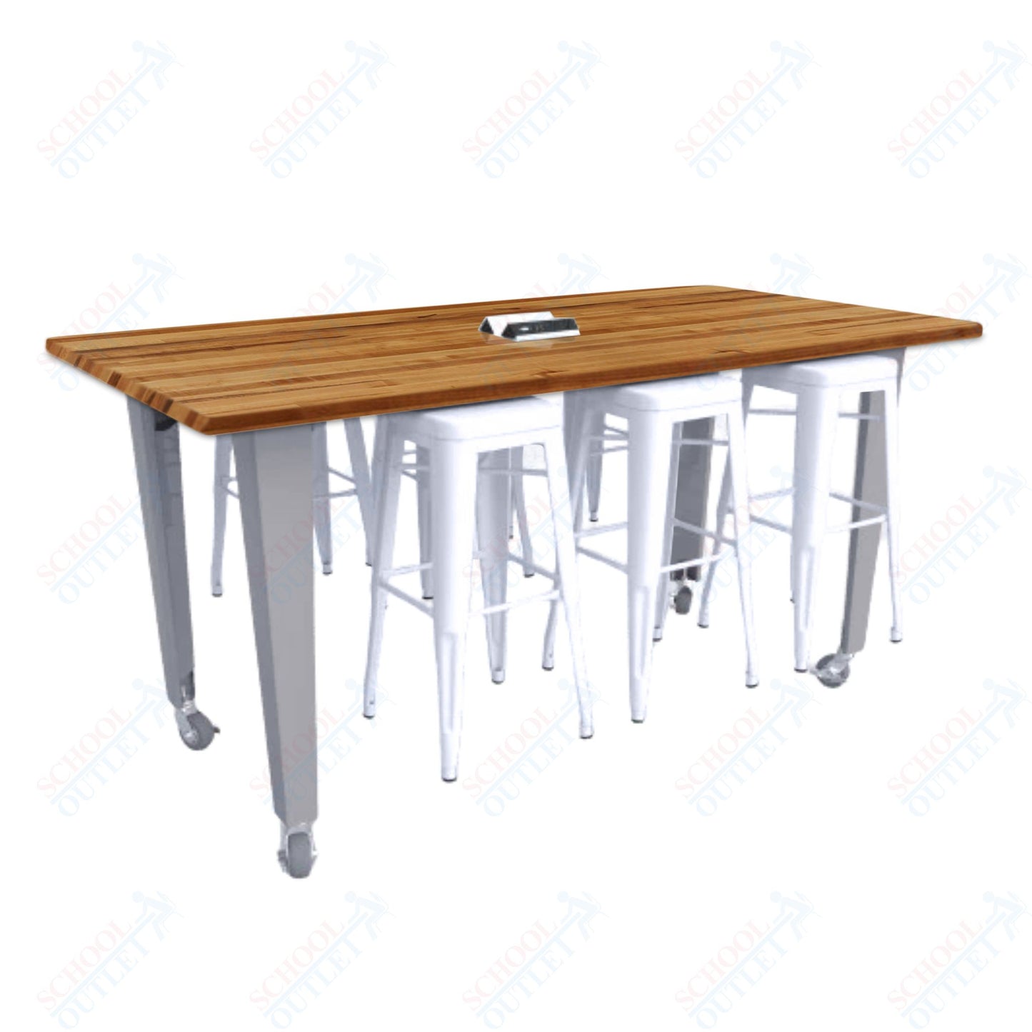 CEF IDEA Island Table 34" Height w/ 6-Seat - ADA Compliant - Butcher Block Top 84"W x 48"D with Steel Frame, 6 Stools and a Pop-up Dual Dock Electrical Station