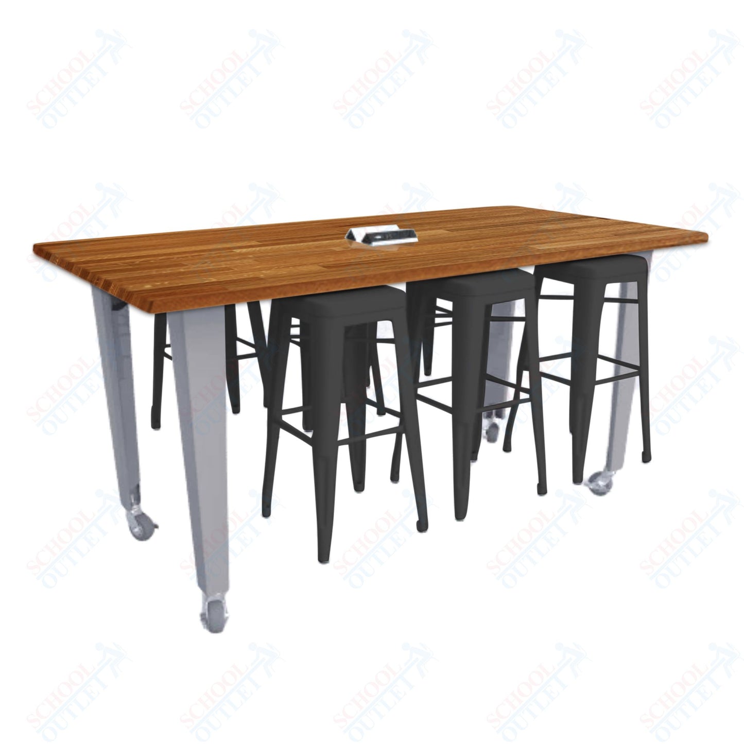 CEF IDEA Island Table 34" Height w/ 6-Seat - ADA Compliant - Butcher Block Top 84"W x 48"D with Steel Frame, 6 Stools and a Pop-up Dual Dock Electrical Station