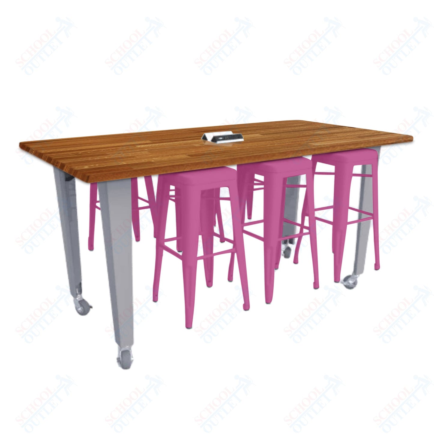 CEF IDEA Island Table 34" Height w/ 6-Seat - ADA Compliant - Butcher Block Top 84"W x 48"D with Steel Frame, 6 Stools and a Pop-up Dual Dock Electrical Station