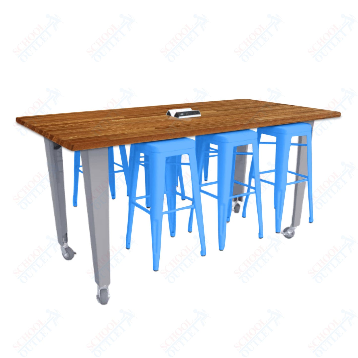 CEF IDEA Island Table 34" Height w/ 6-Seat - ADA Compliant - Butcher Block Top 84"W x 48"D with Steel Frame, 6 Stools and a Pop-up Dual Dock Electrical Station