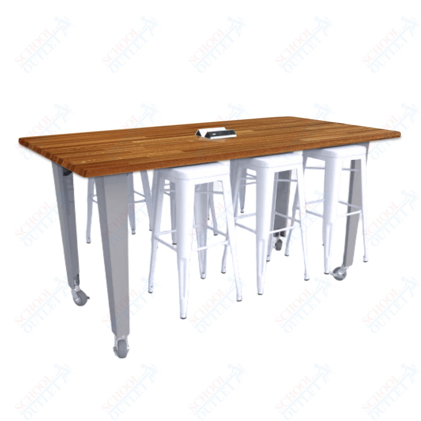 CEF IDEA Island Table 34" Height w/ 6-Seat - ADA Compliant - Butcher Block Top 84"W x 48"D with Steel Frame, 6 Stools and a Pop-up Dual Dock Electrical Station