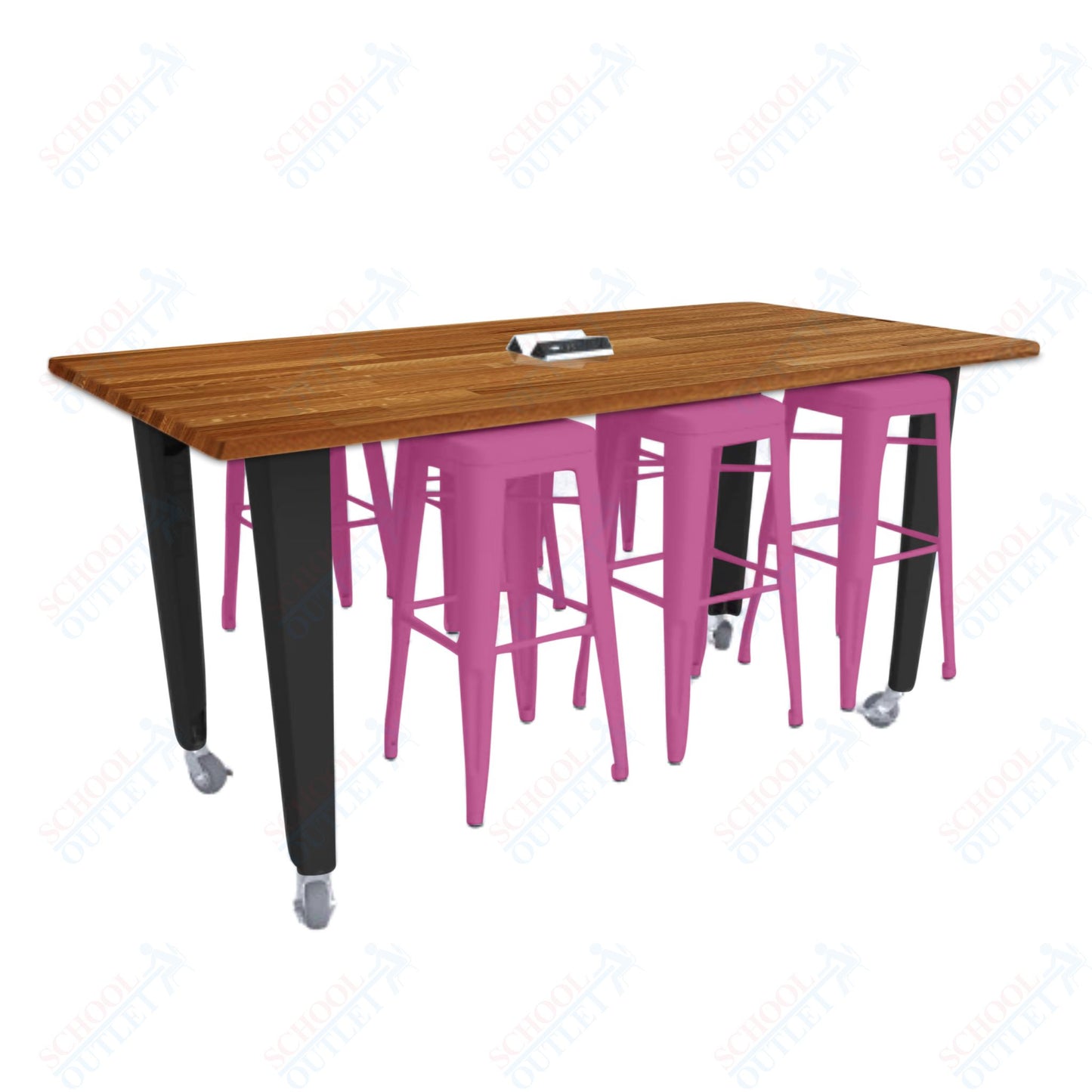 CEF IDEA Island Table 42" Height w/ 6-Seat - Butcher Block Top 84"W x 48"D with Steel Frame, 6 Stools and a Pop-up Dual Dock Electrical Station