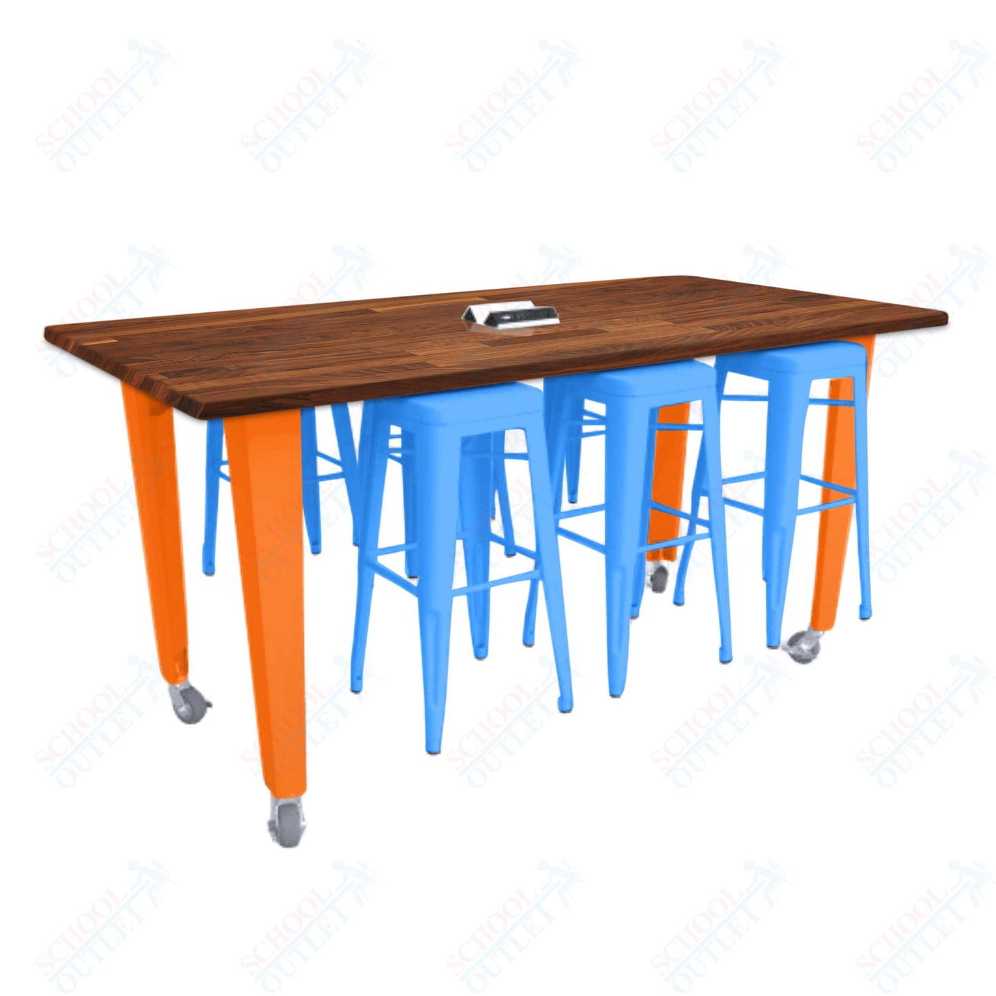 CEF IDEA Island Table 42" Height w/ 6-Seat - Butcher Block Top 84"W x 48"D with Steel Frame, 6 Stools and a Pop-up Dual Dock Electrical Station